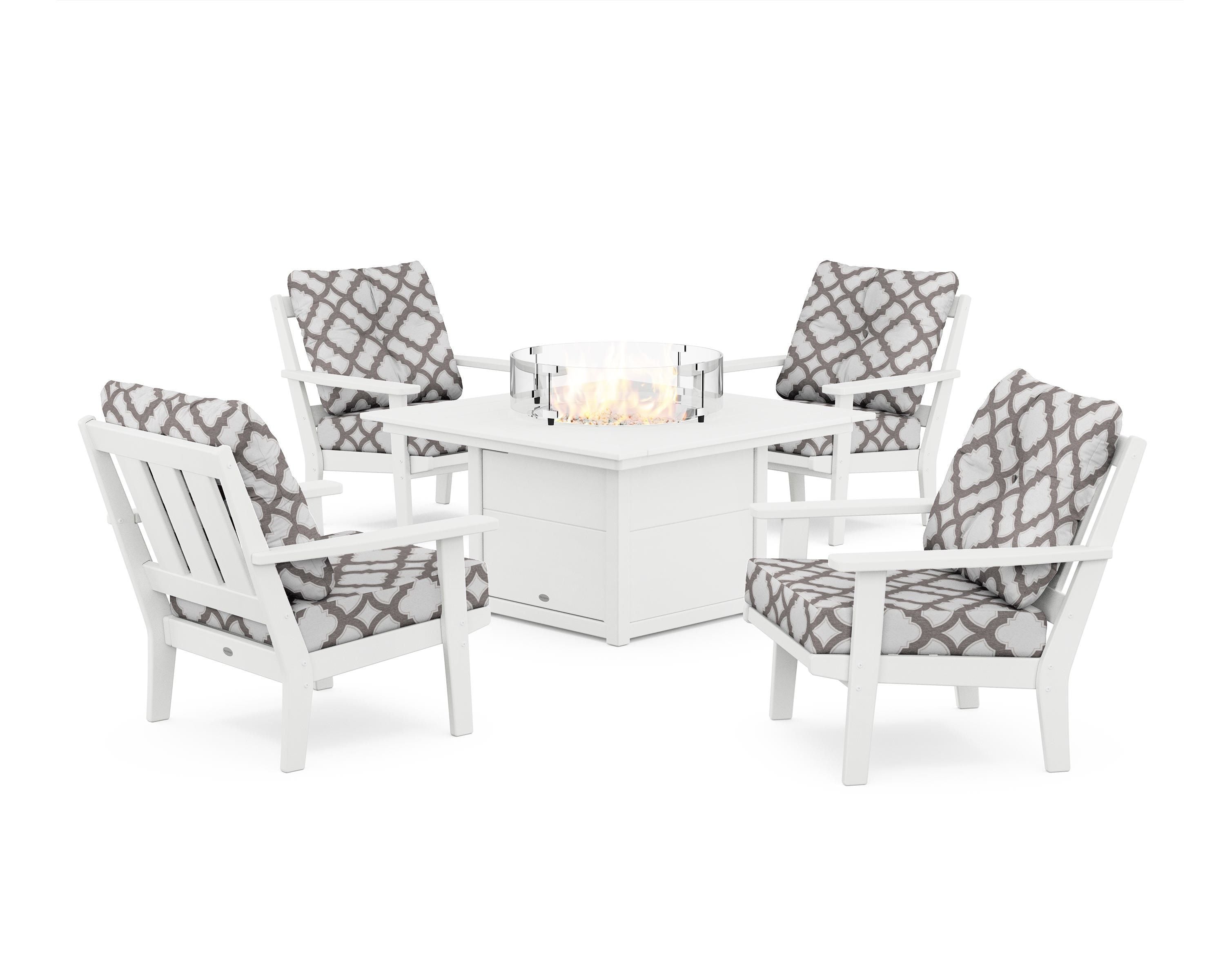 POLYWOOD® Oxford 5-Piece Deep Seating Set with Fire Pit Table in White / Trellis Grey Mist