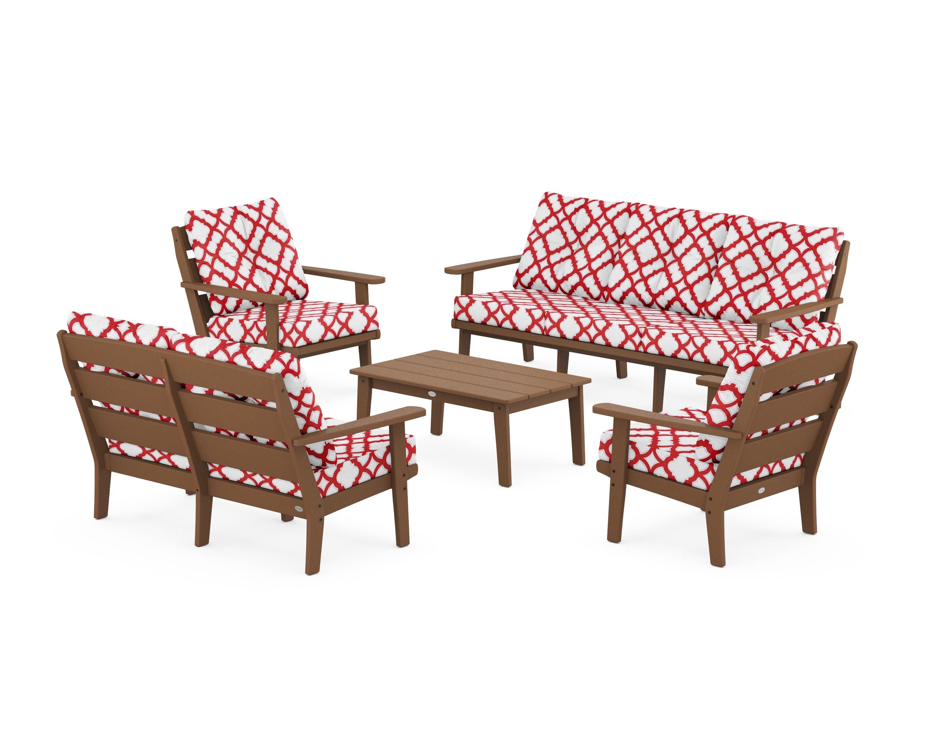 POLYWOOD® Lakeside 5-Piece Lounge Sofa Set in Teak / Trellis Crimson