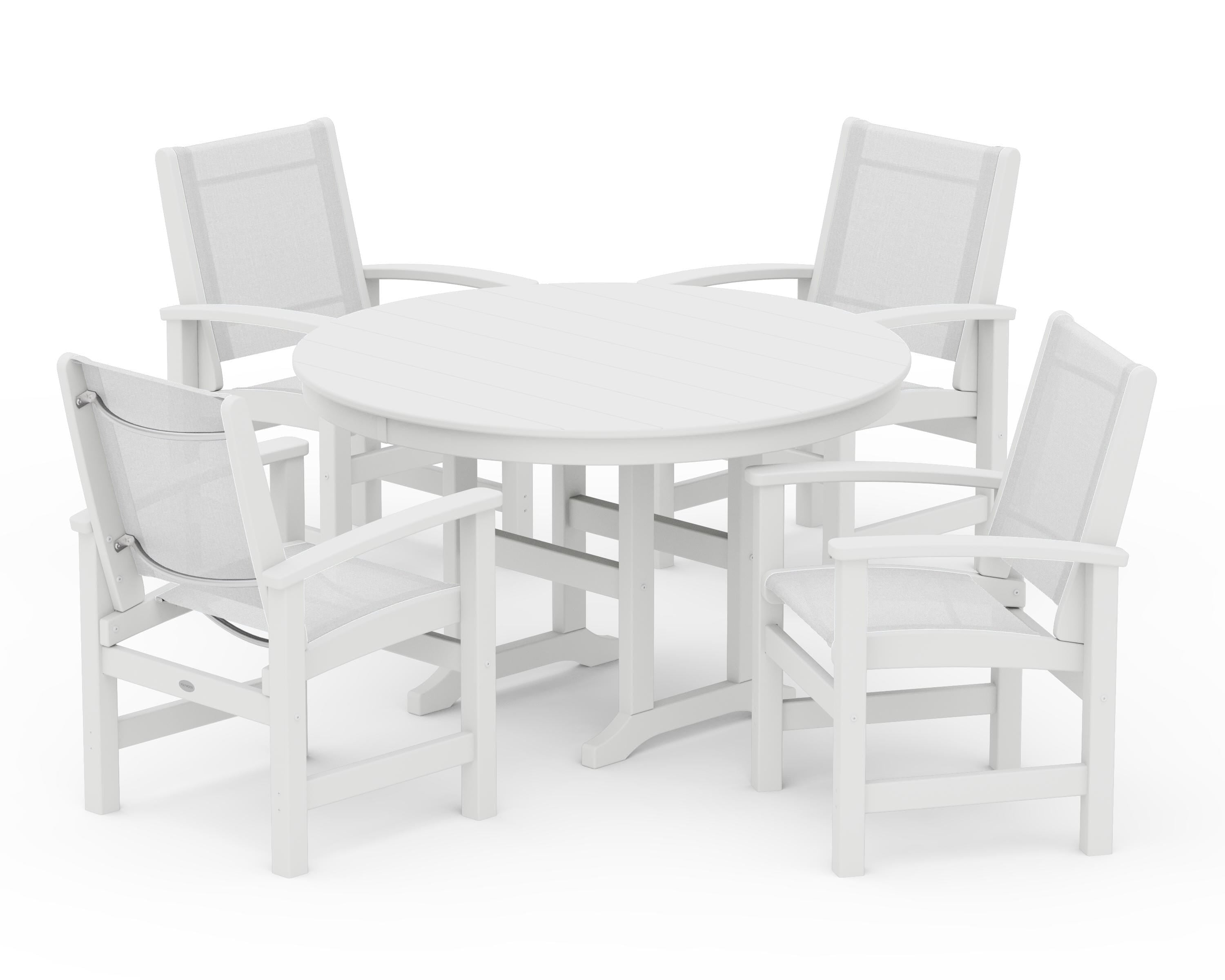 POLYWOOD® Coastal 5-Piece Round Farmhouse Dining Set in White / White Sling