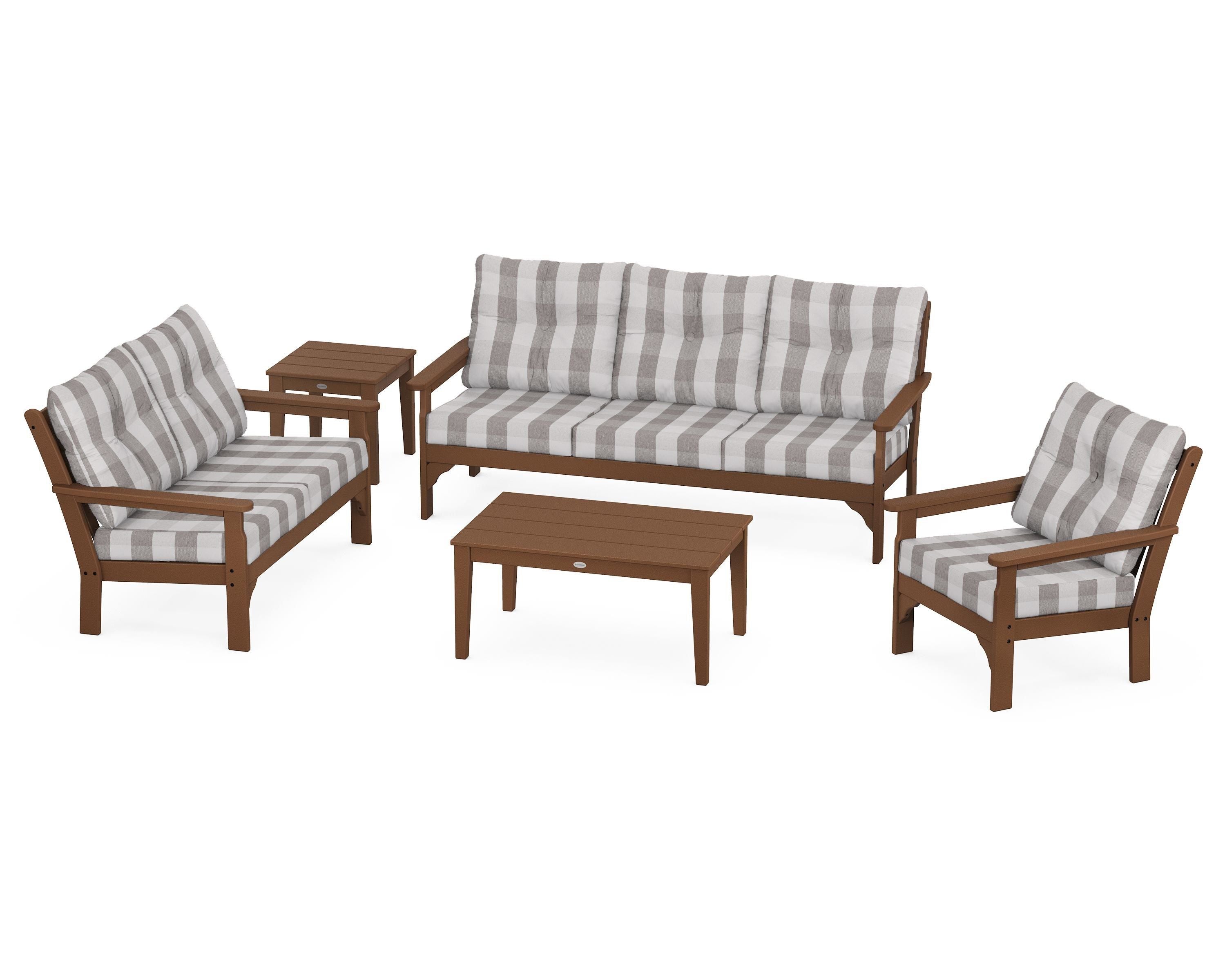 POLYWOOD® Vineyard 5 Piece Deep Seating Set in Teak / Buffalo Plaid Grey Mist