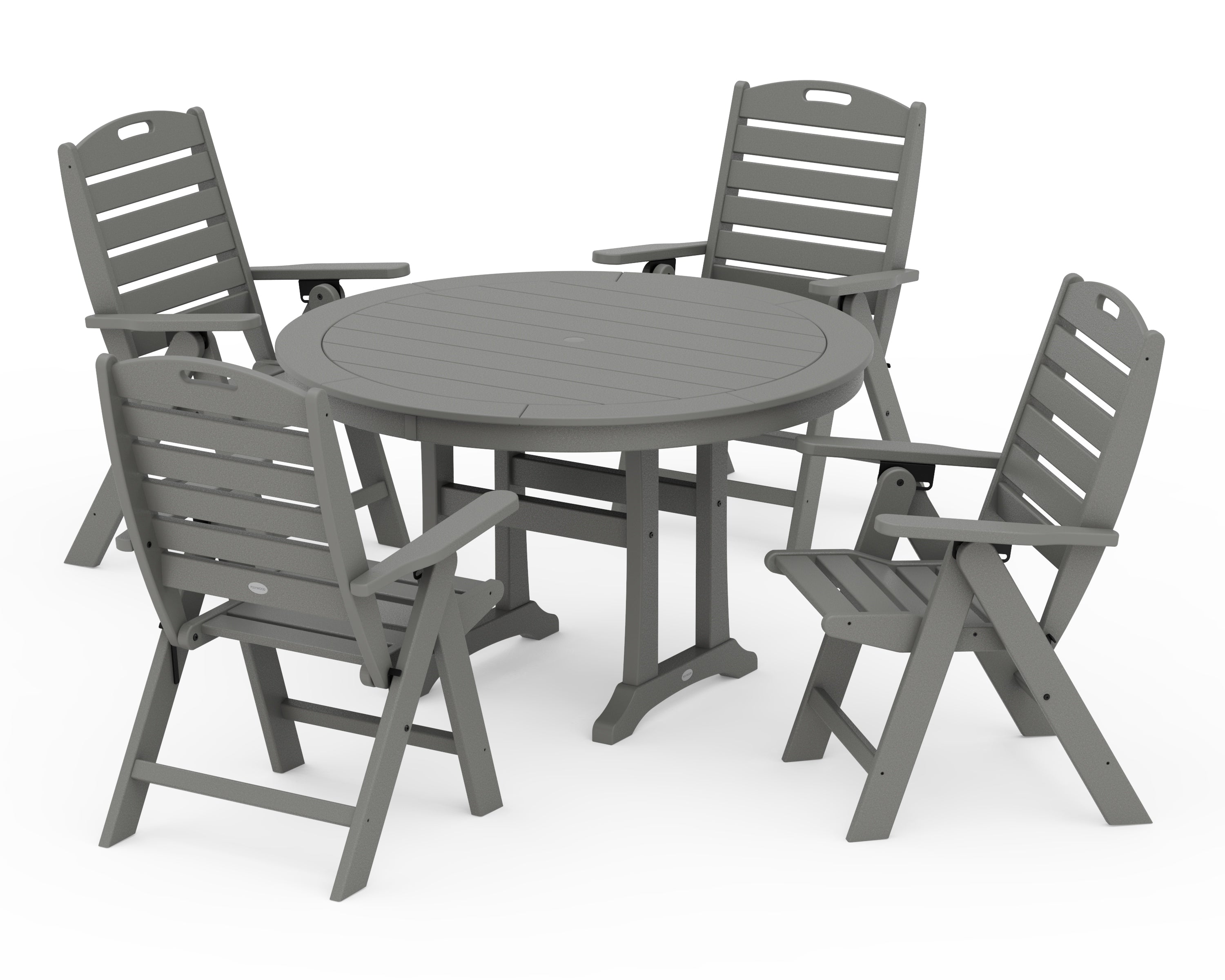 POLYWOOD® Nautical Highback Chair 5-Piece Round Dining Set with Trestle Legs in Slate Grey