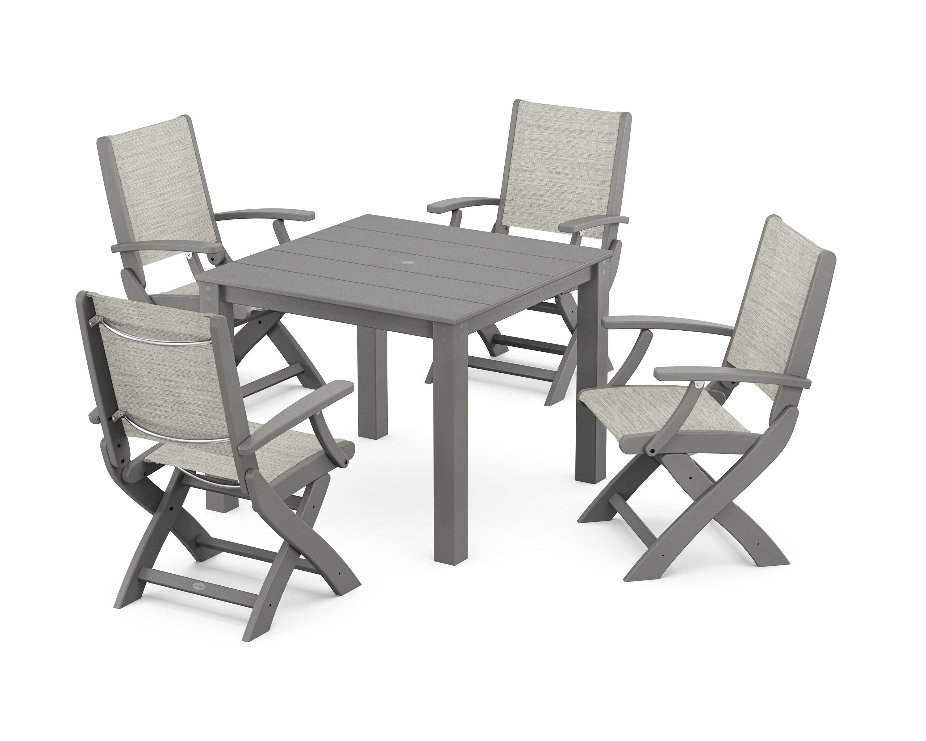 POLYWOOD® Coastal Folding Chair 5-Piece Parsons Dining Set in Slate Grey / Birch Sling