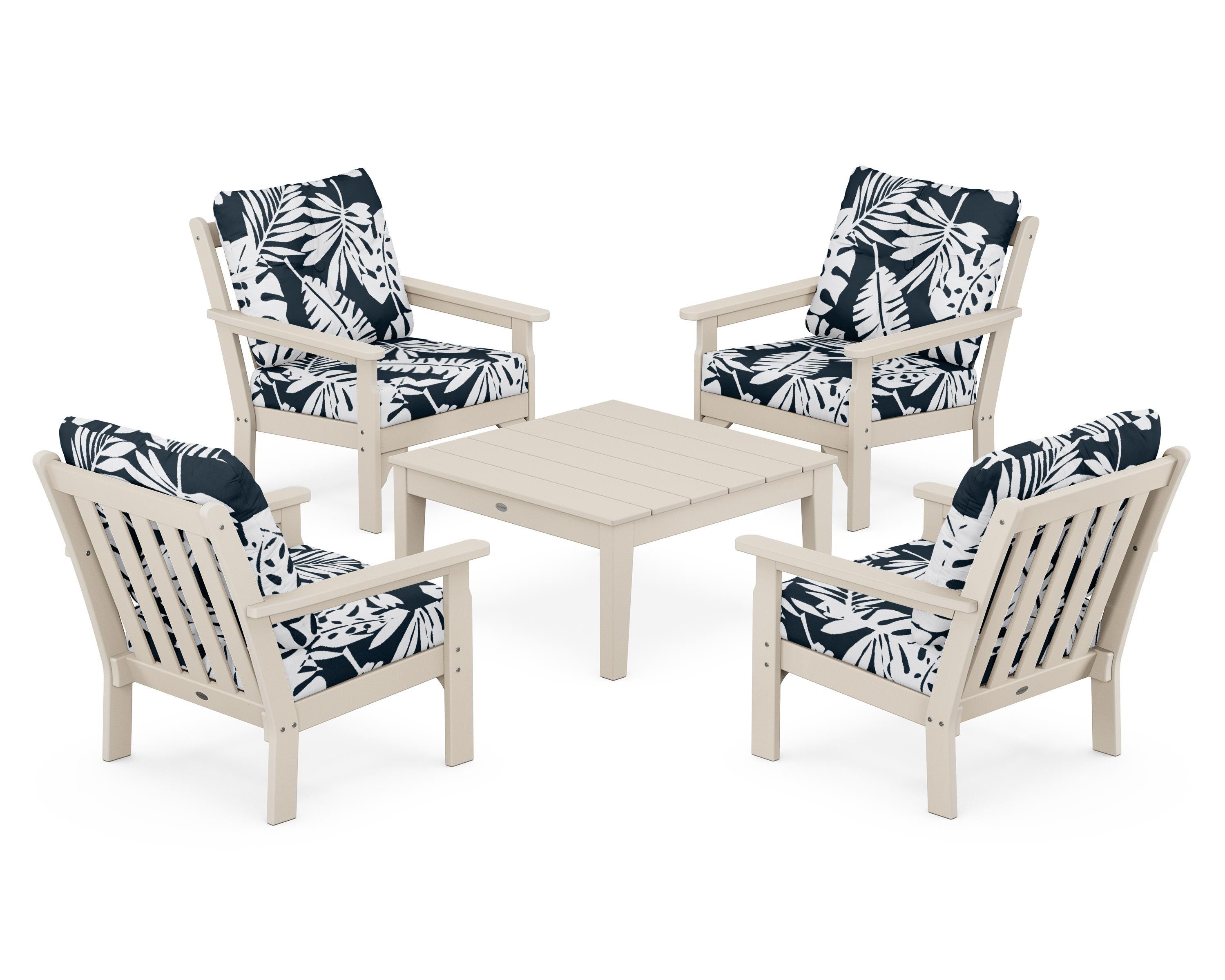 POLYWOOD® Vineyard 5-Piece Deep Seating Conversation Set in Sand / Leaf Marine Indigo