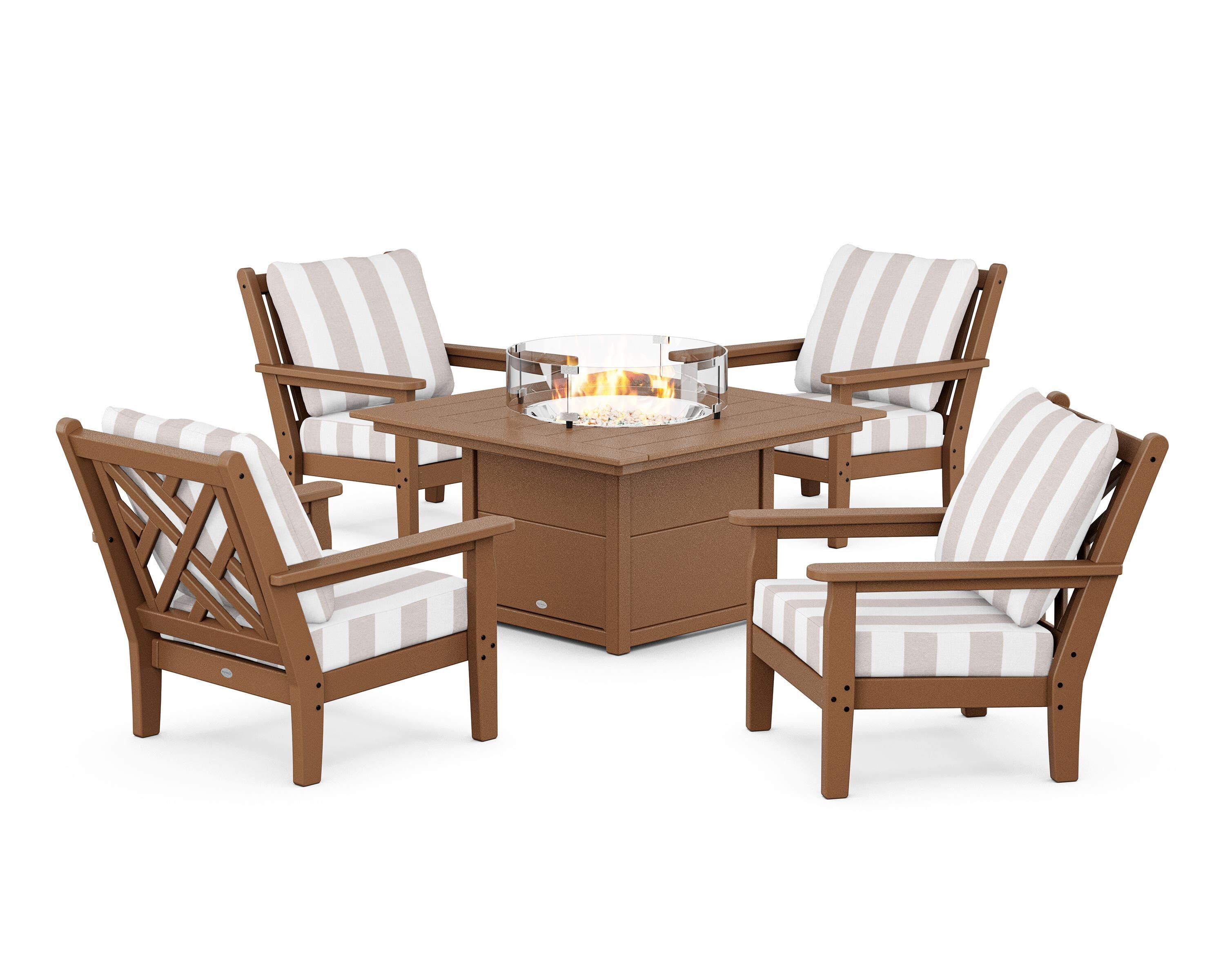 POLYWOOD® Chippendale 5-Piece Deep Seating Set with Fire Pit Table in Teak / Cabana Stripe Dune Burlap