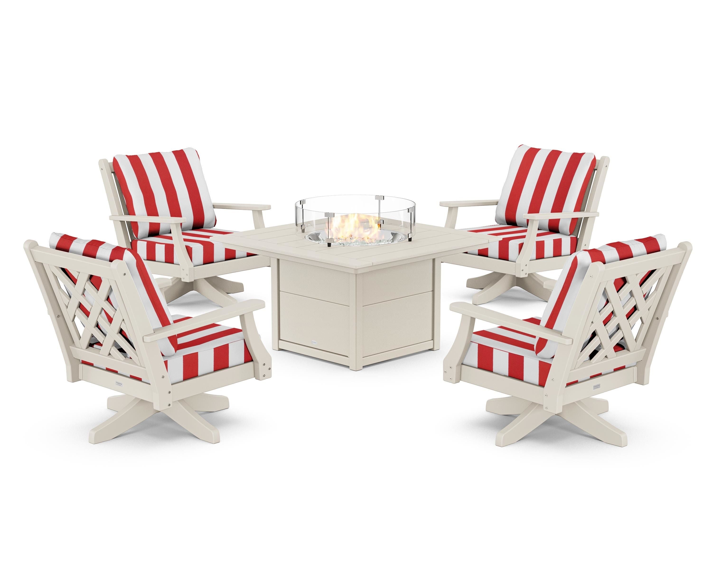 Country Living Wovendale 5-Piece Deep Seating Swivel Conversation Set with Fire Pit Table in Sand / Cabana Stripe Crimson
