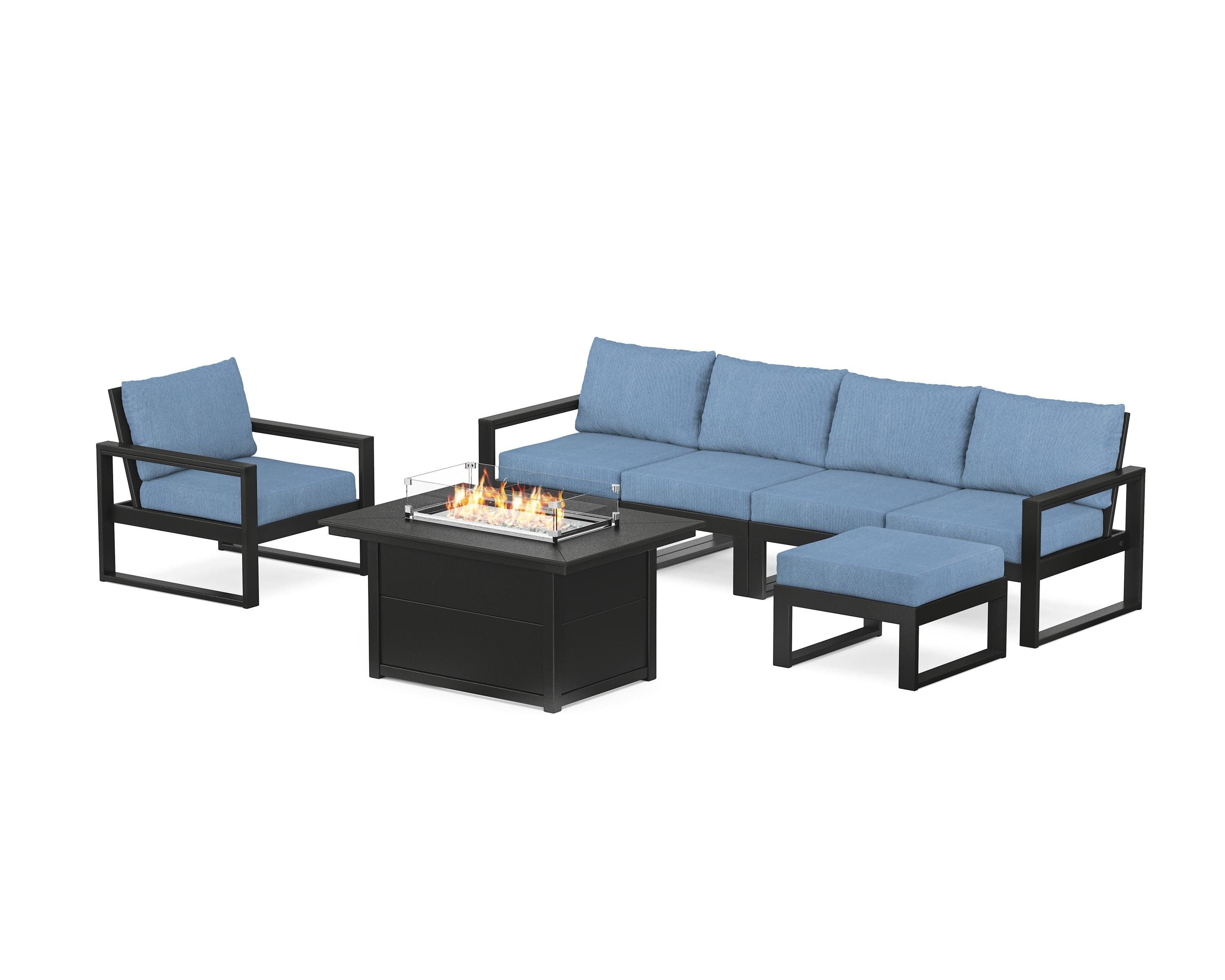 POLYWOOD® EDGE Sectional Lounge and Fire Pit Set in Black / Sky Blue