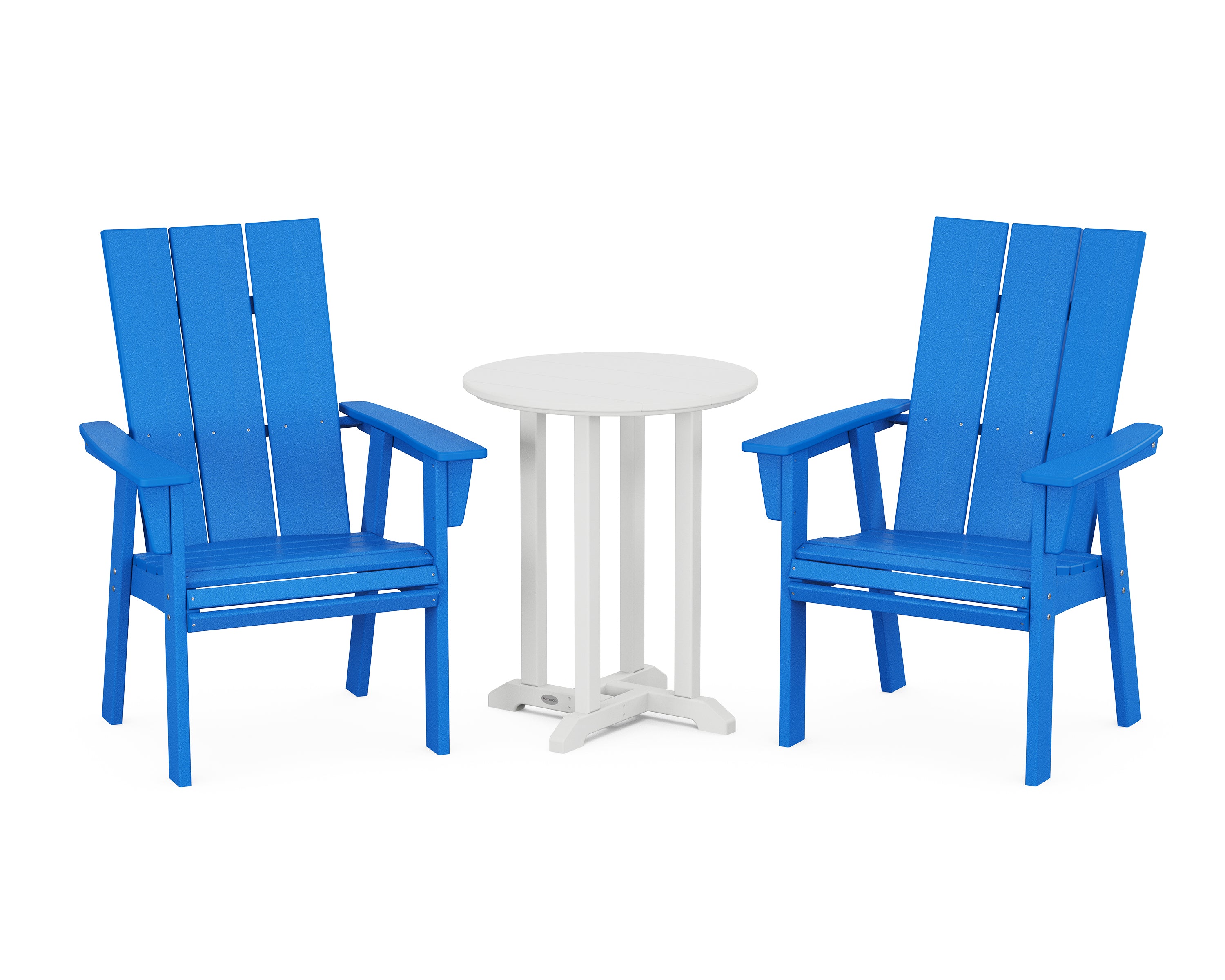 POLYWOOD® Modern Curveback Adirondack 3-Piece Round Bistro Dining Set in Pacific Blue / White