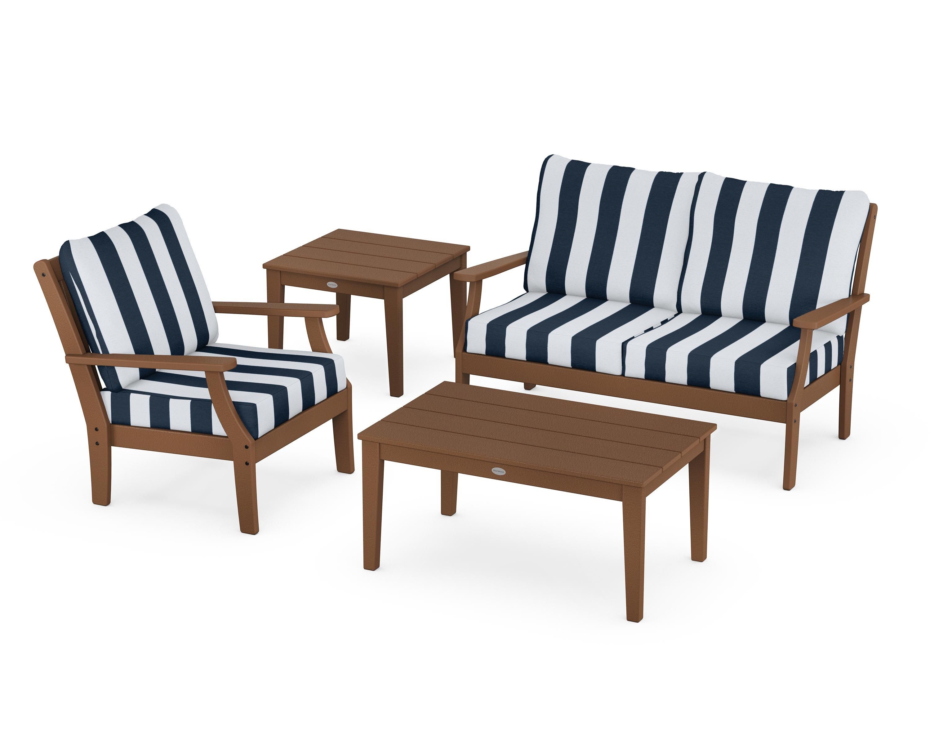 POLYWOOD® Braxton 4-Piece Deep Seating Set in Teak / Cabana Stripe Marine Indigo