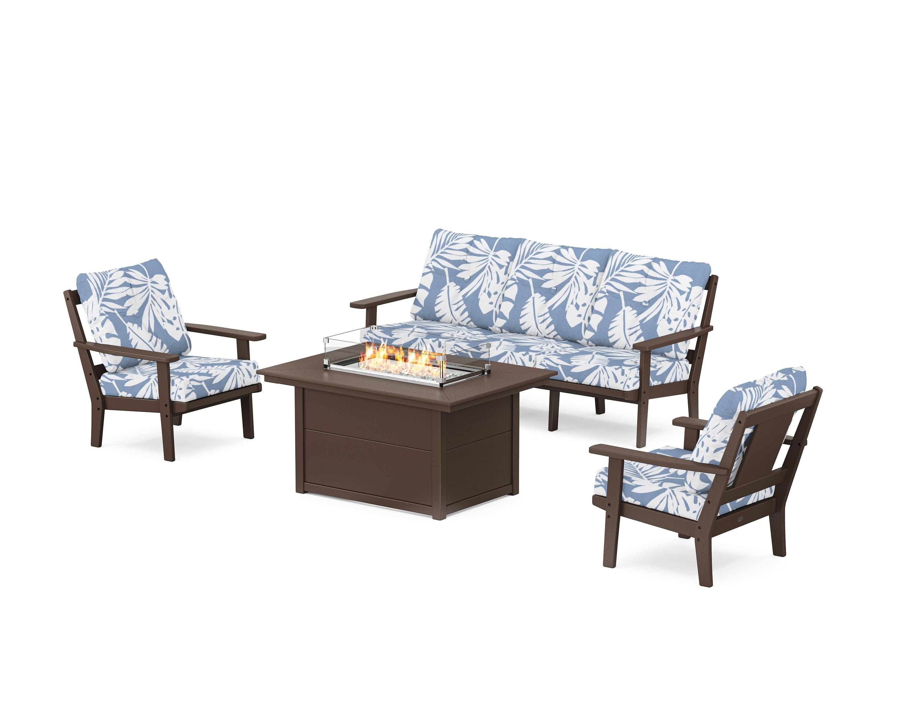 POLYWOOD® Prairie Deep Seating Fire Pit Table Set in Mahogany / Leaf Sky Blue