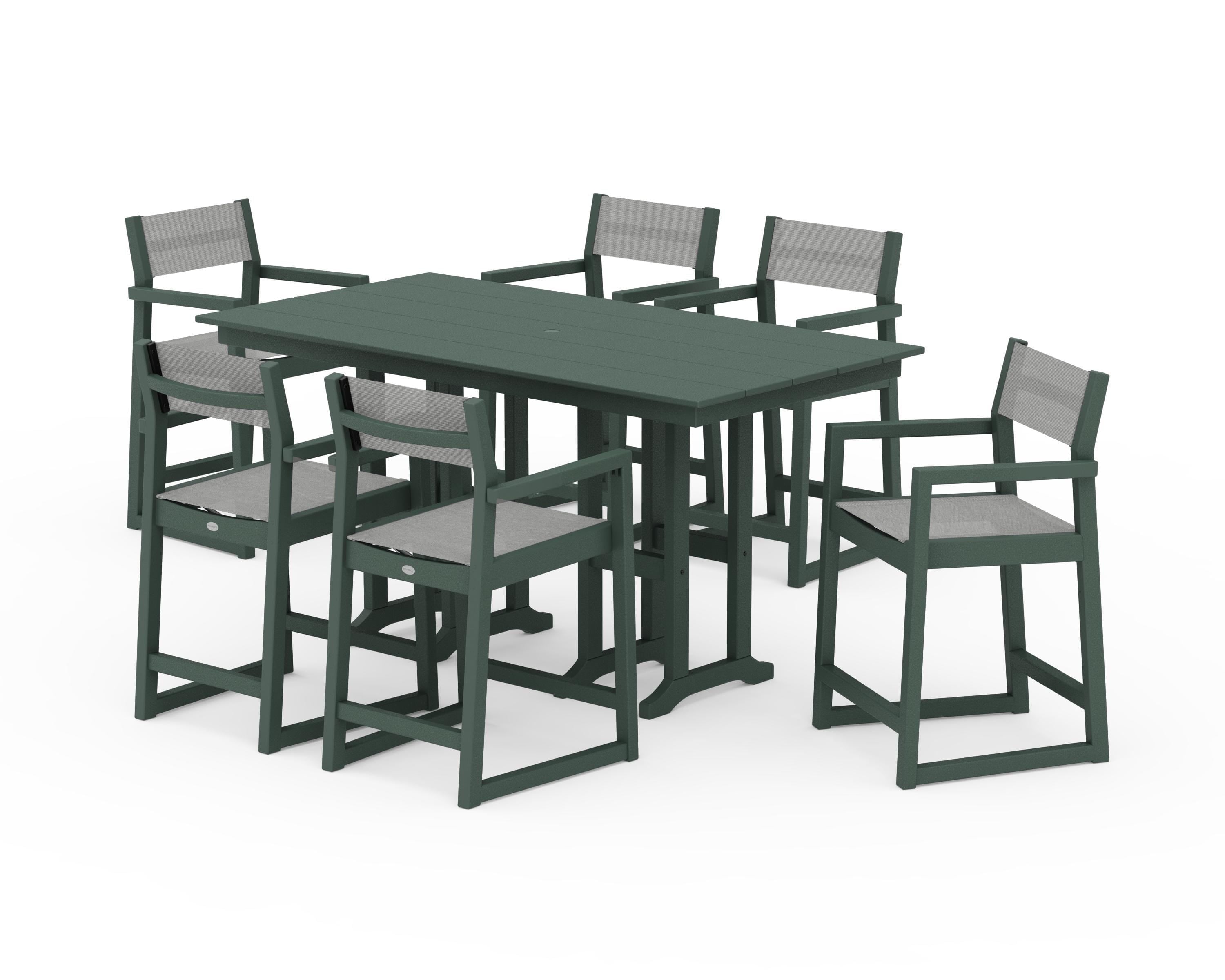 POLYWOOD® EDGE Sling Arm Chair 7-Piece Farmhouse Counter Set in Green / Metallic Sling