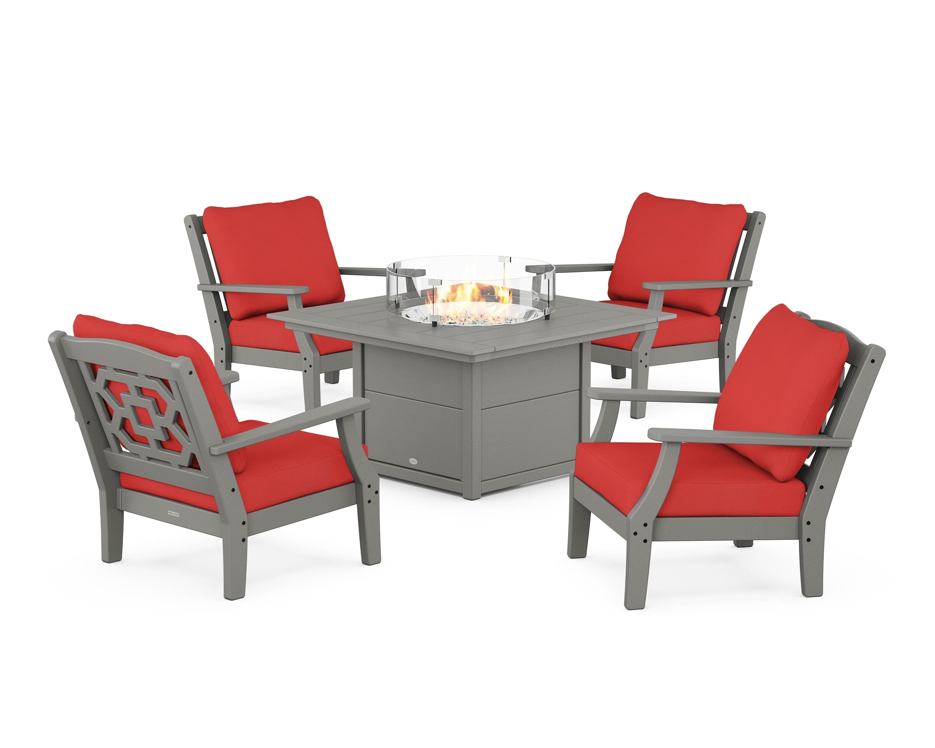 Martha Stewart by POLYWOOD® Chinoiserie 5-Piece Deep Seating Set with Fire Pit Table in Slate Grey / Crimson Linen