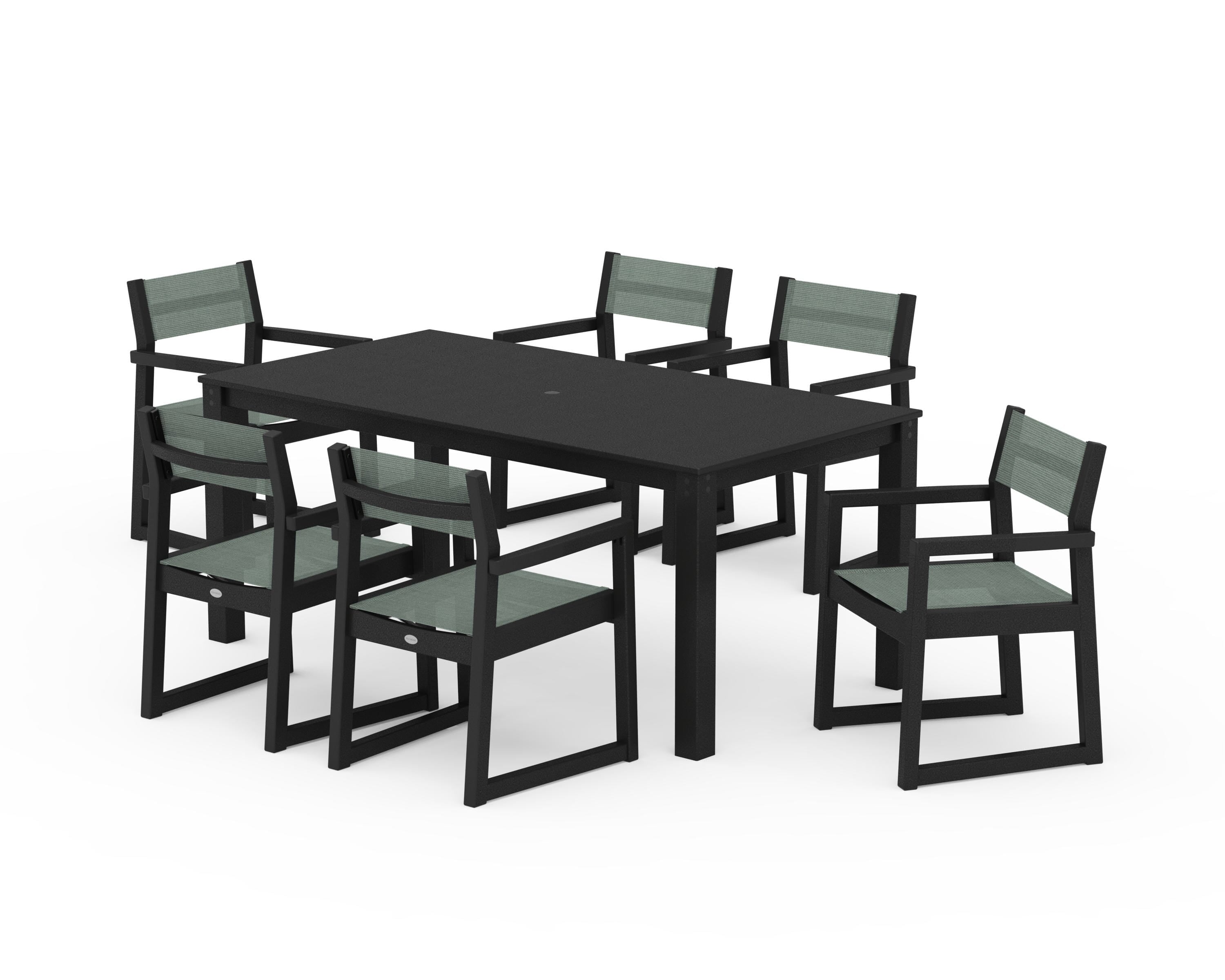 POLYWOOD® EDGE Sling Arm Chair 7-Piece Parsons Dining Set in Black / Dupioni Sea Mist Sling