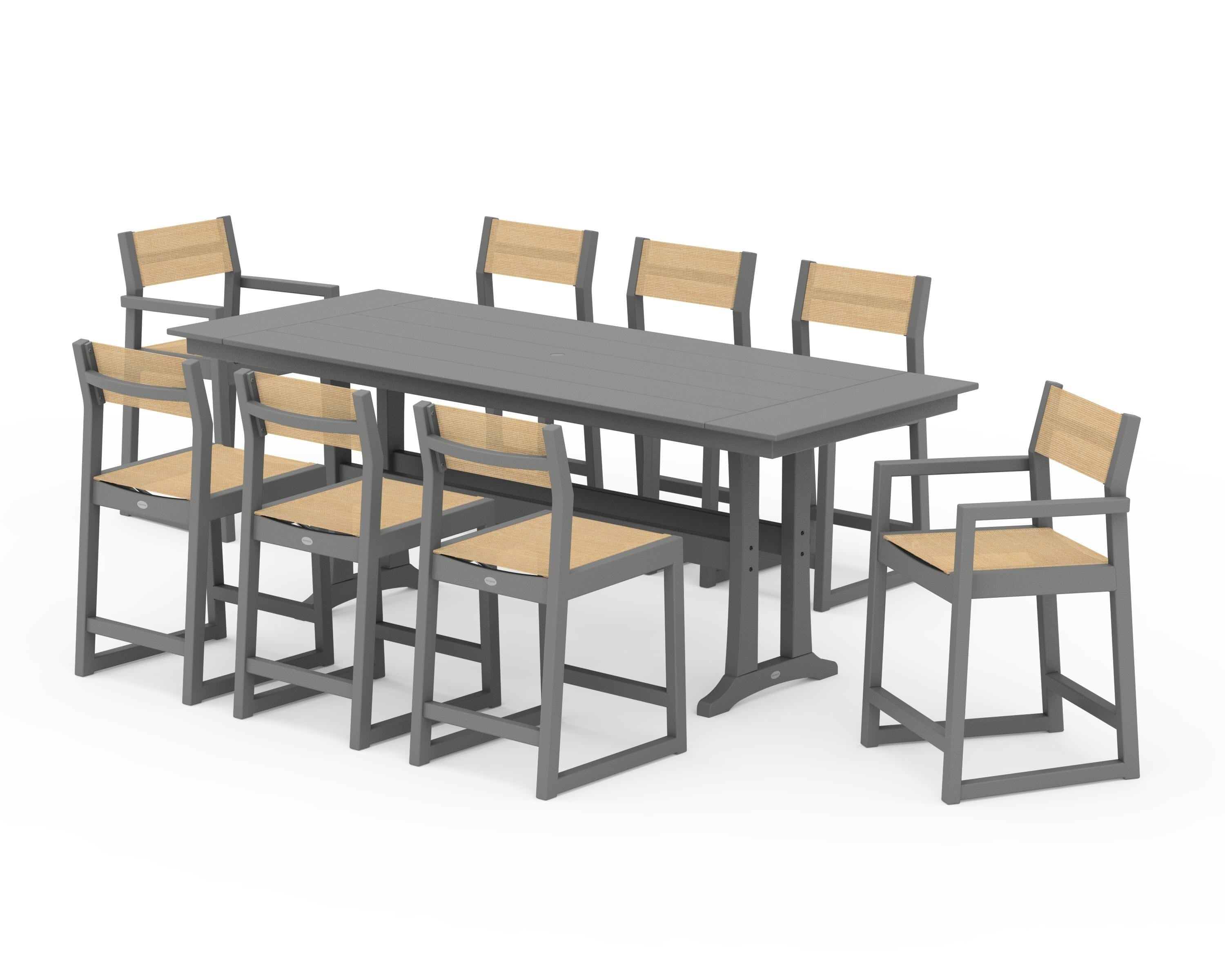 POLYWOOD® EDGE Sling 9-Piece Farmhouse Counter Set with Trestle Legs in Slate Grey / Dupioni Apricot Sling