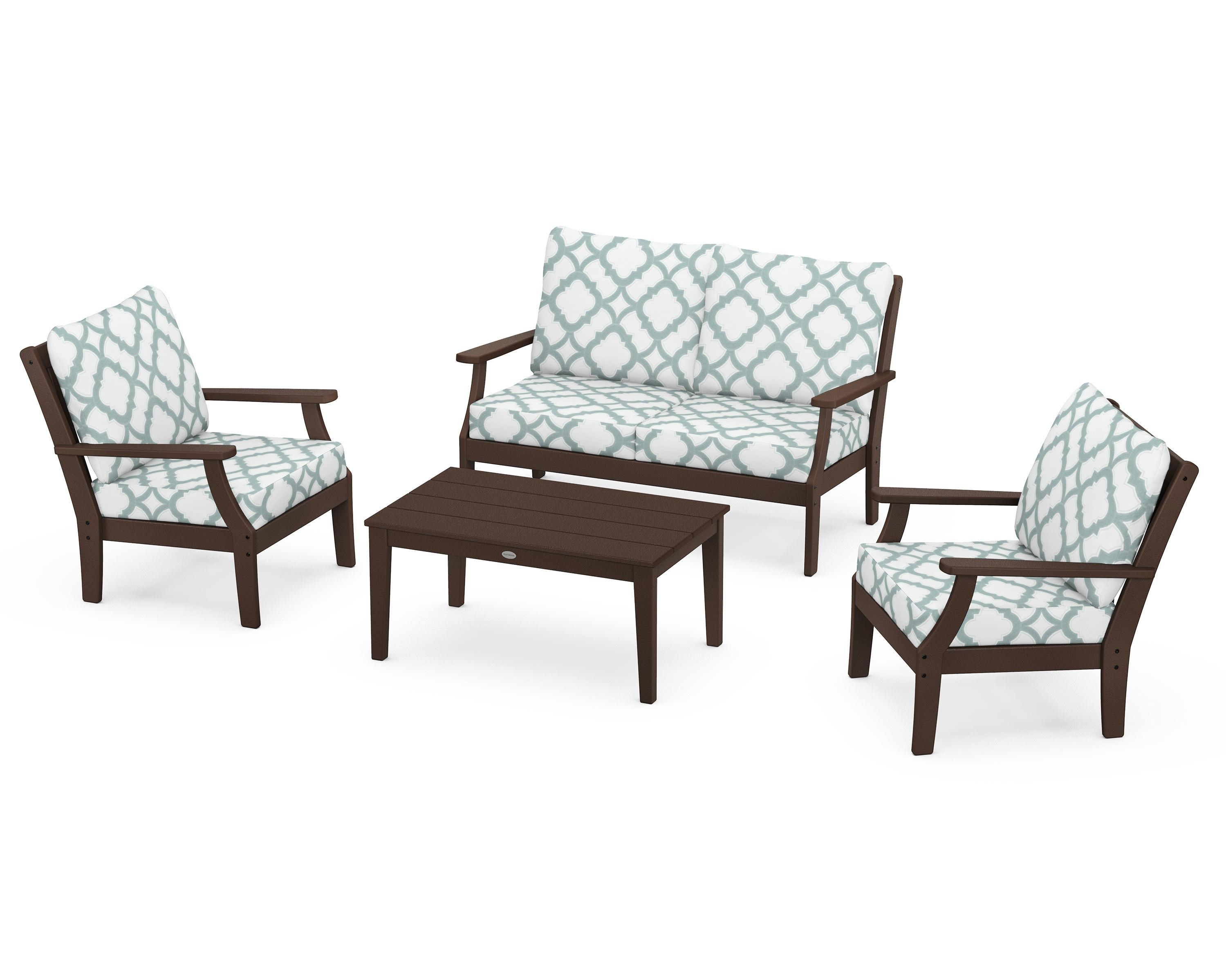 POLYWOOD® Braxton 4-Piece Deep Seating Chair Set in Mahogany / Trellis Glacier Spa