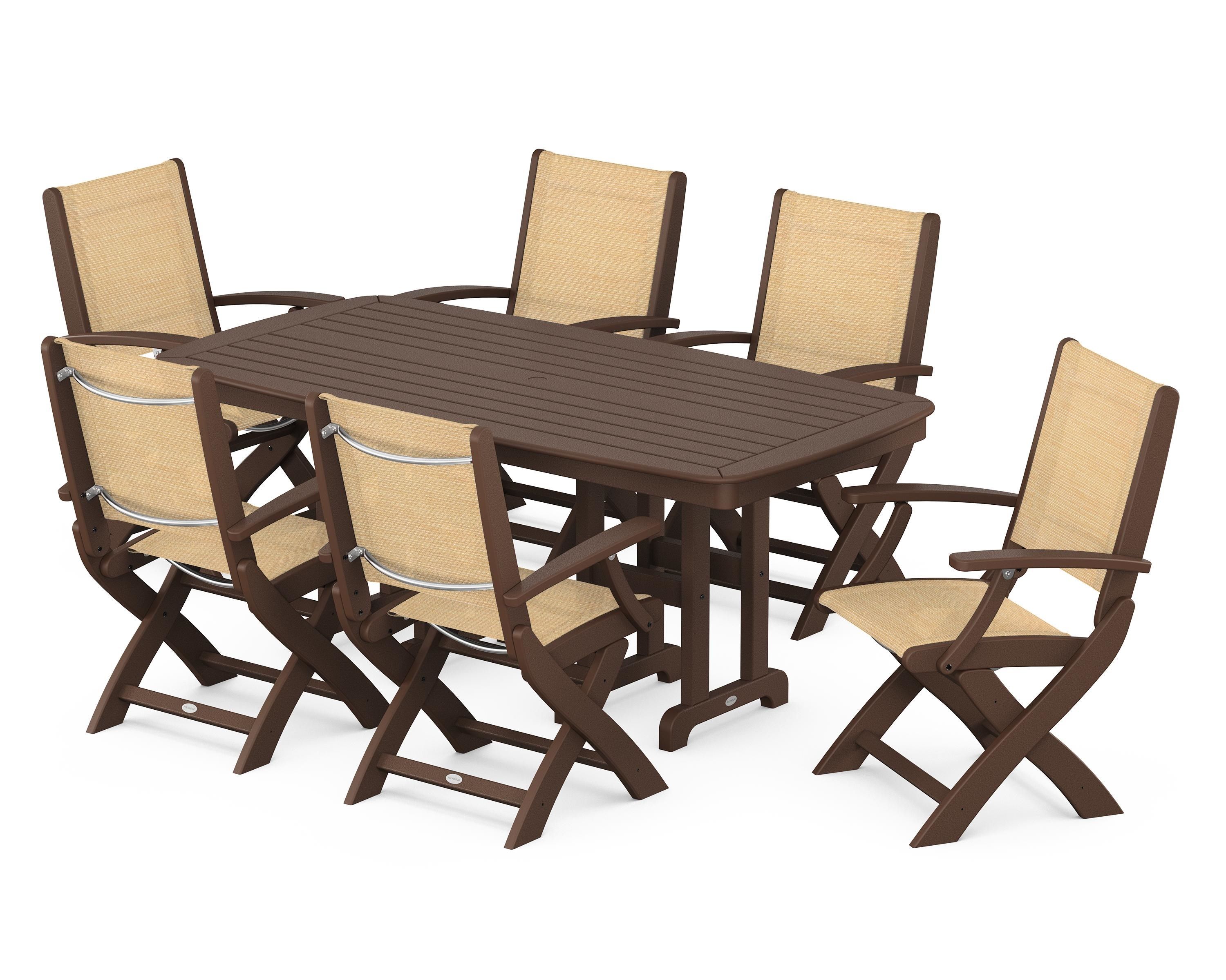 POLYWOOD® Coastal Folding Arm Chair 7-Piece Dining Set in Mahogany / Dupioni Apricot Sling