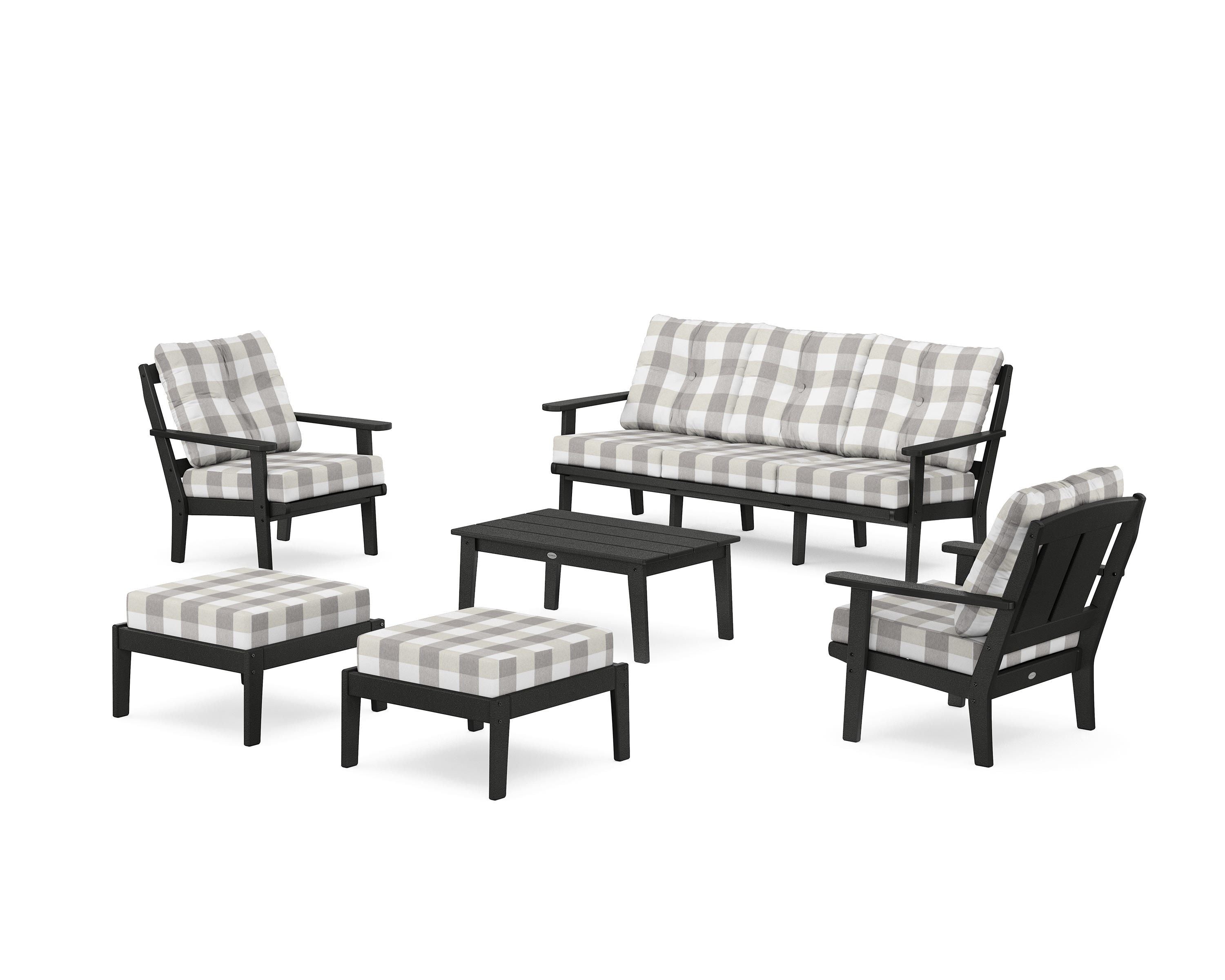 POLYWOOD® Mission 6-Piece Lounge Sofa Set in Black / Buffalo Plaid Grey Mist