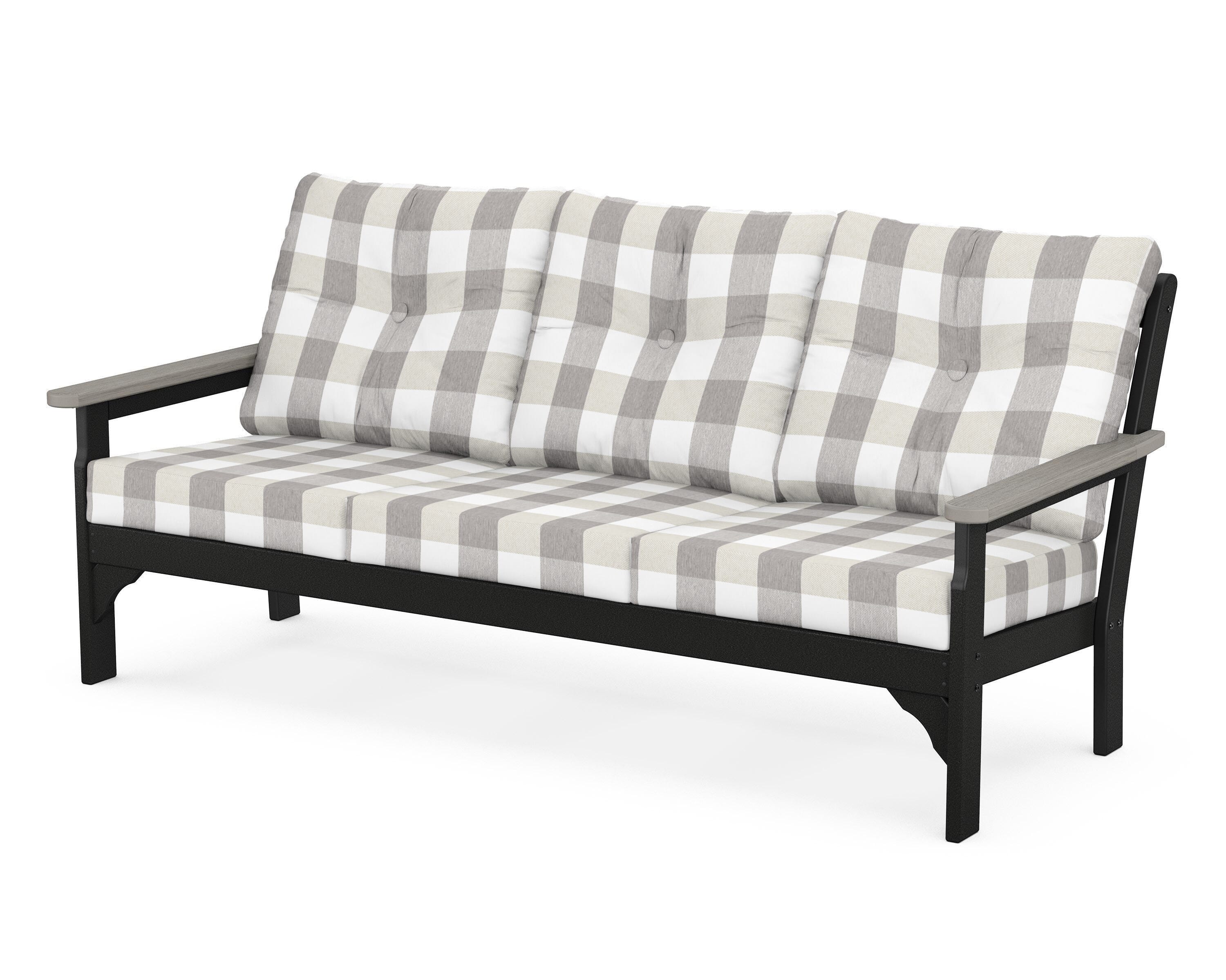 POLYWOOD® Vineyard Deep Seating Sofa in Black / Driftwood / Buffalo Plaid Grey Mist