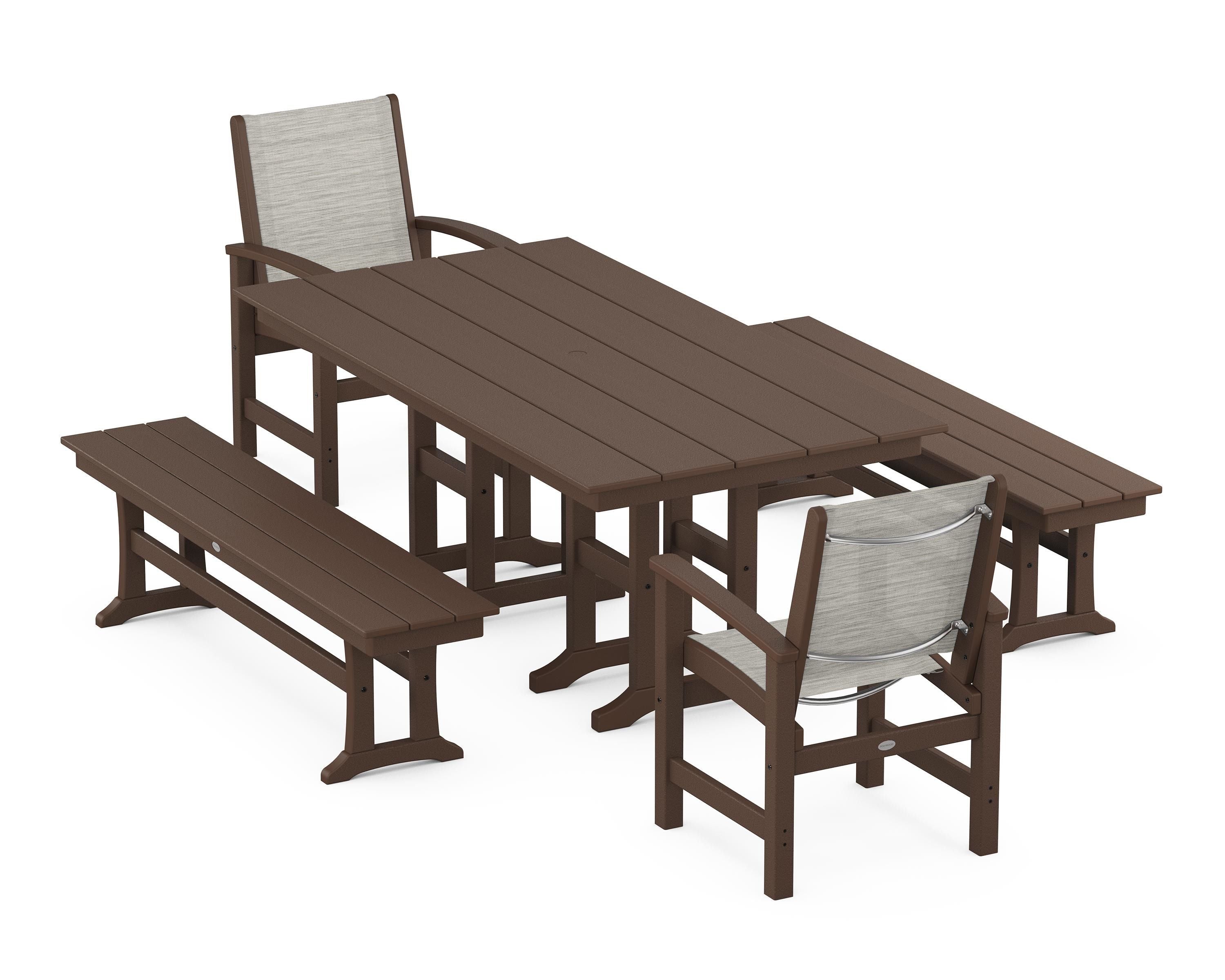 POLYWOOD® Coastal 5-Piece Farmhouse Dining Set in Mahogany / Birch Sling