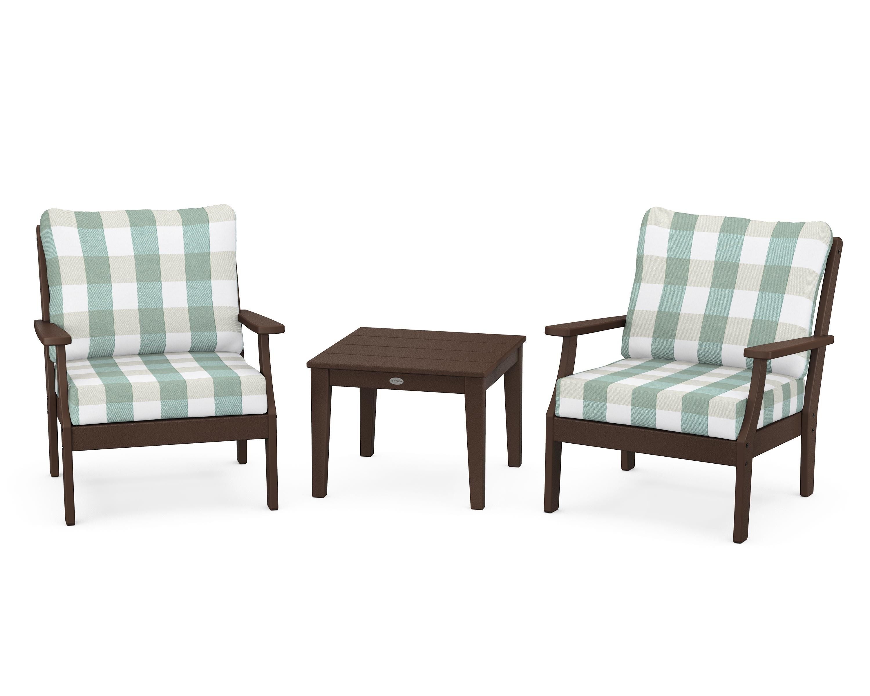 POLYWOOD® Braxton 3-Piece Deep Seating Set in Mahogany / Buffalo Plaid Glacier Spa