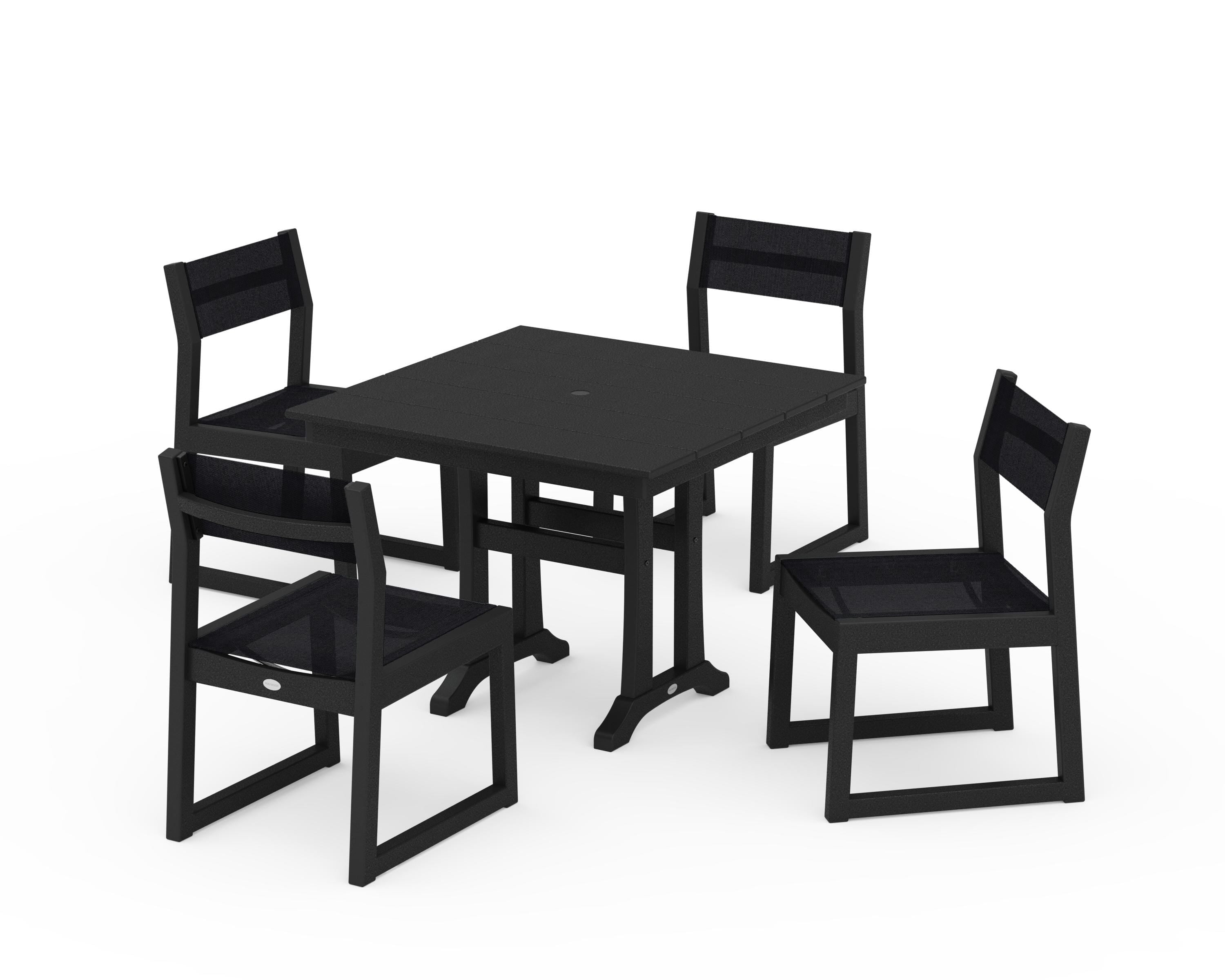 POLYWOOD® EDGE Sling 5-Piece Farmhouse Trestle Side Chair Dining Set in Black / Black Sling