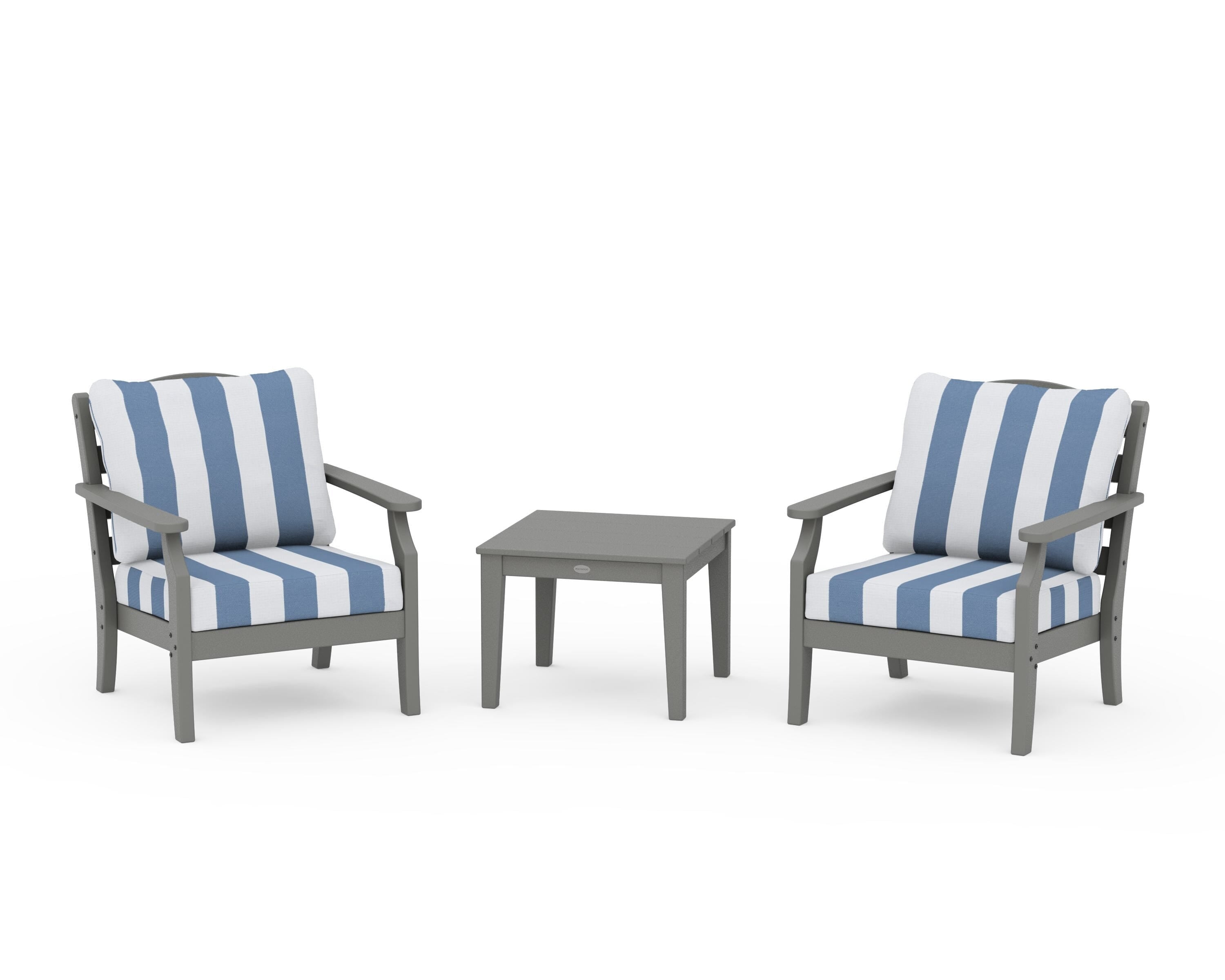 Draper James™ by POLYWOOD® Savannah 3-Piece Deep Seating Set in Slate Grey / Cabana Stripe Sky Blue