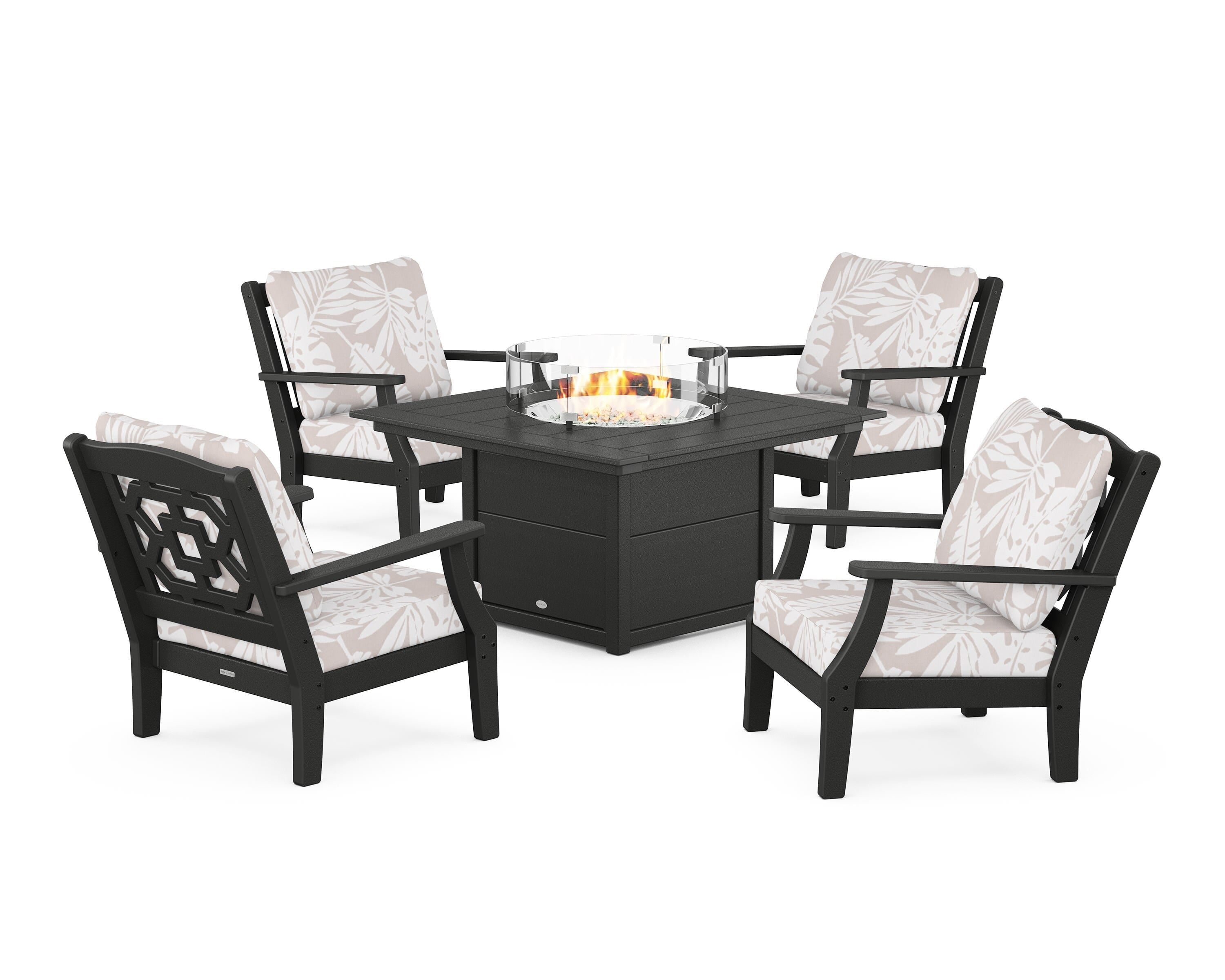 Martha Stewart by POLYWOOD® Chinoiserie 5-Piece Deep Seating Set with Fire Pit Table in Black / Leaf Dune Burlap