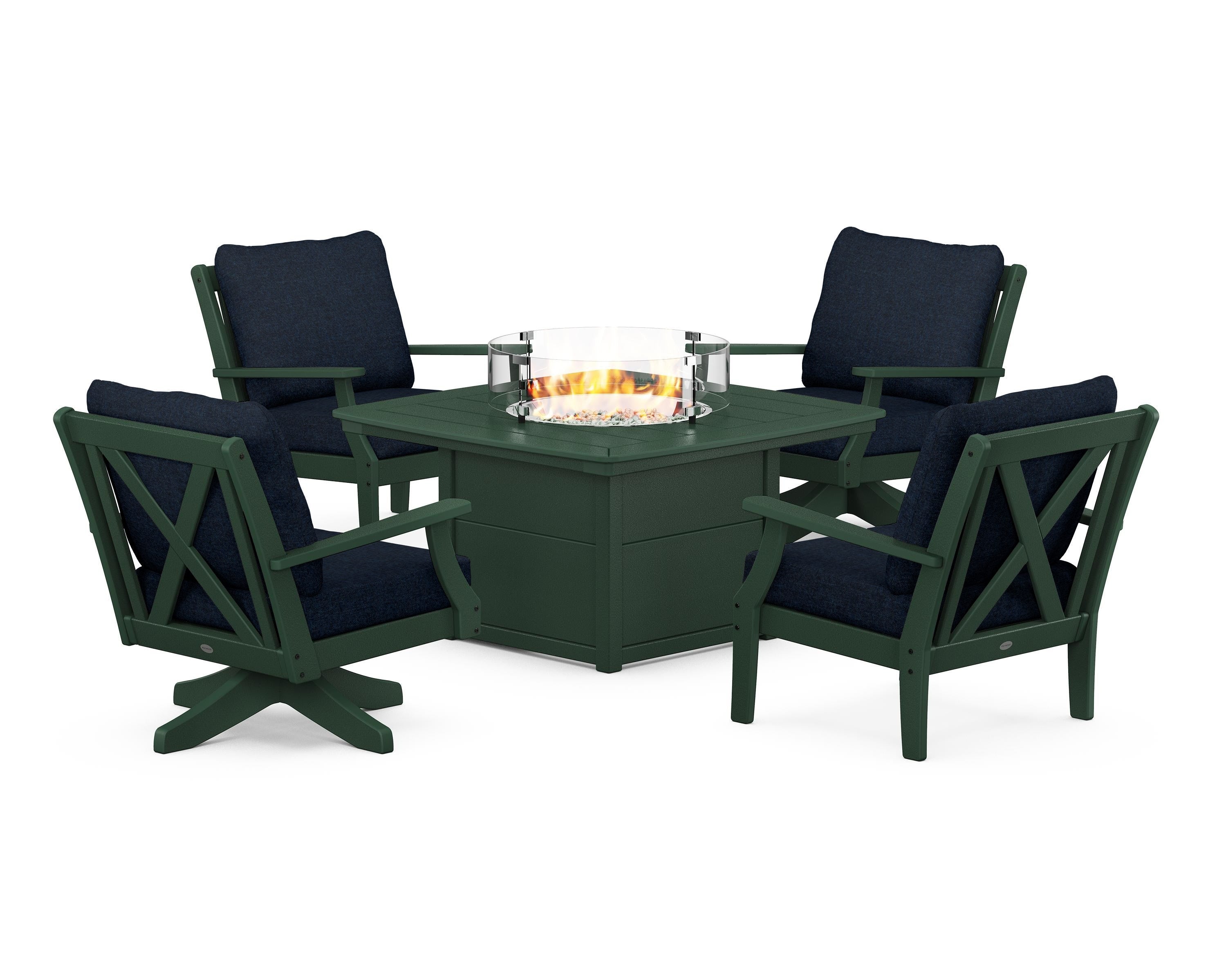 POLYWOOD® Braxton 5-Piece Deep Seating Set with Fire Table in Green / Marine Indigo