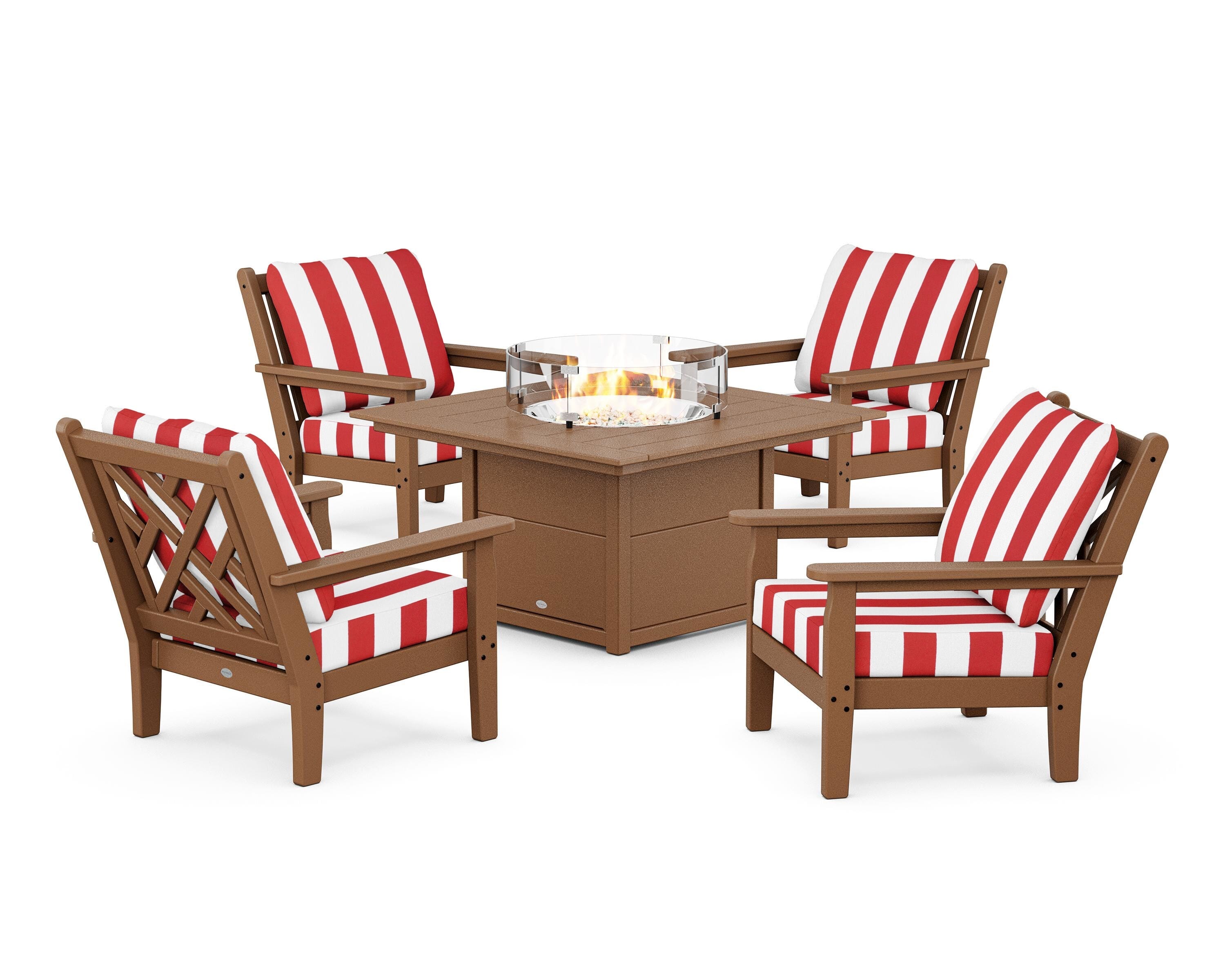POLYWOOD® Chippendale 5-Piece Deep Seating Set with Fire Pit Table in Teak / Cabana Stripe Crimson