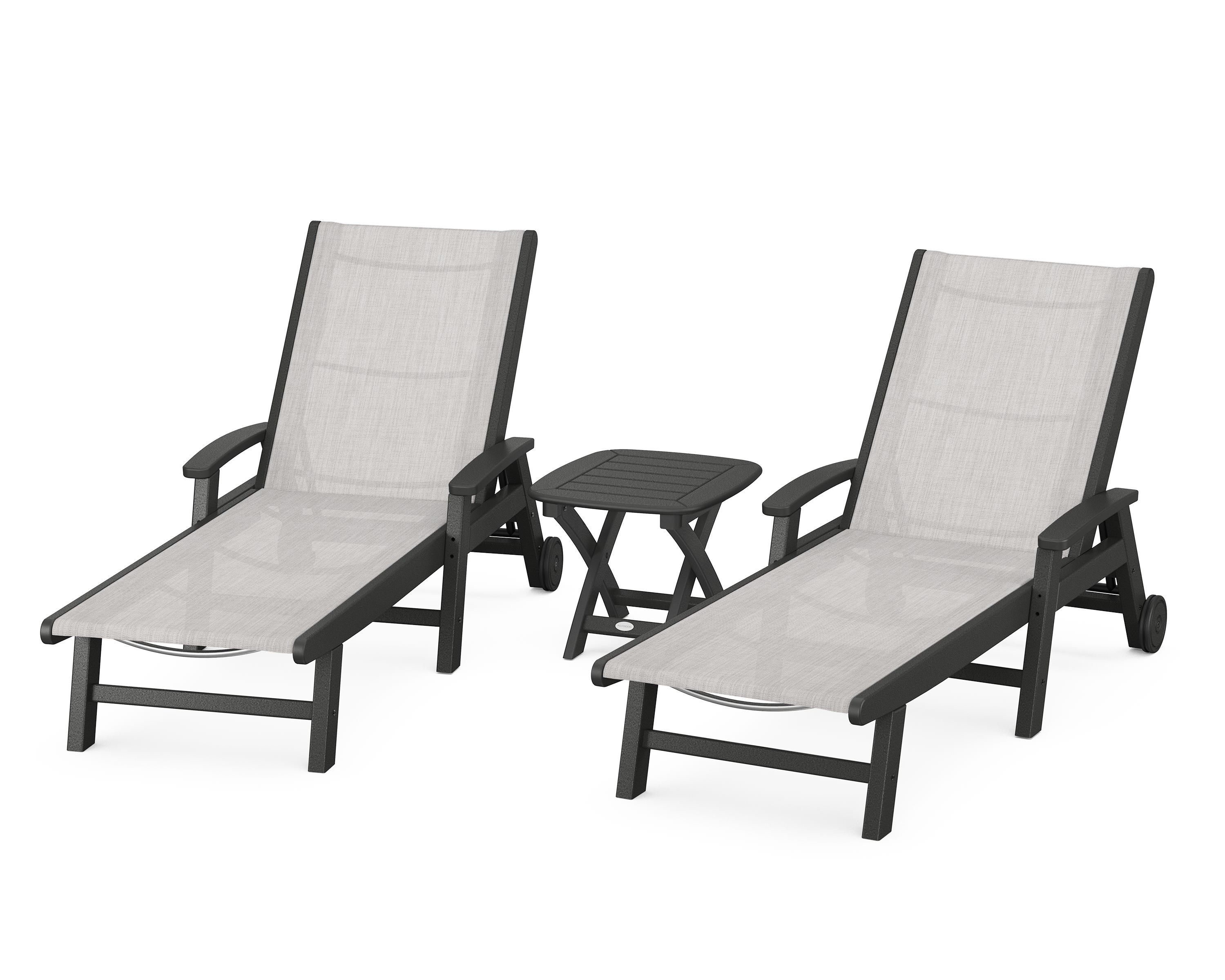 POLYWOOD® Coastal 3-Piece Wheeled Chaise Set in Black / Parchment Sling