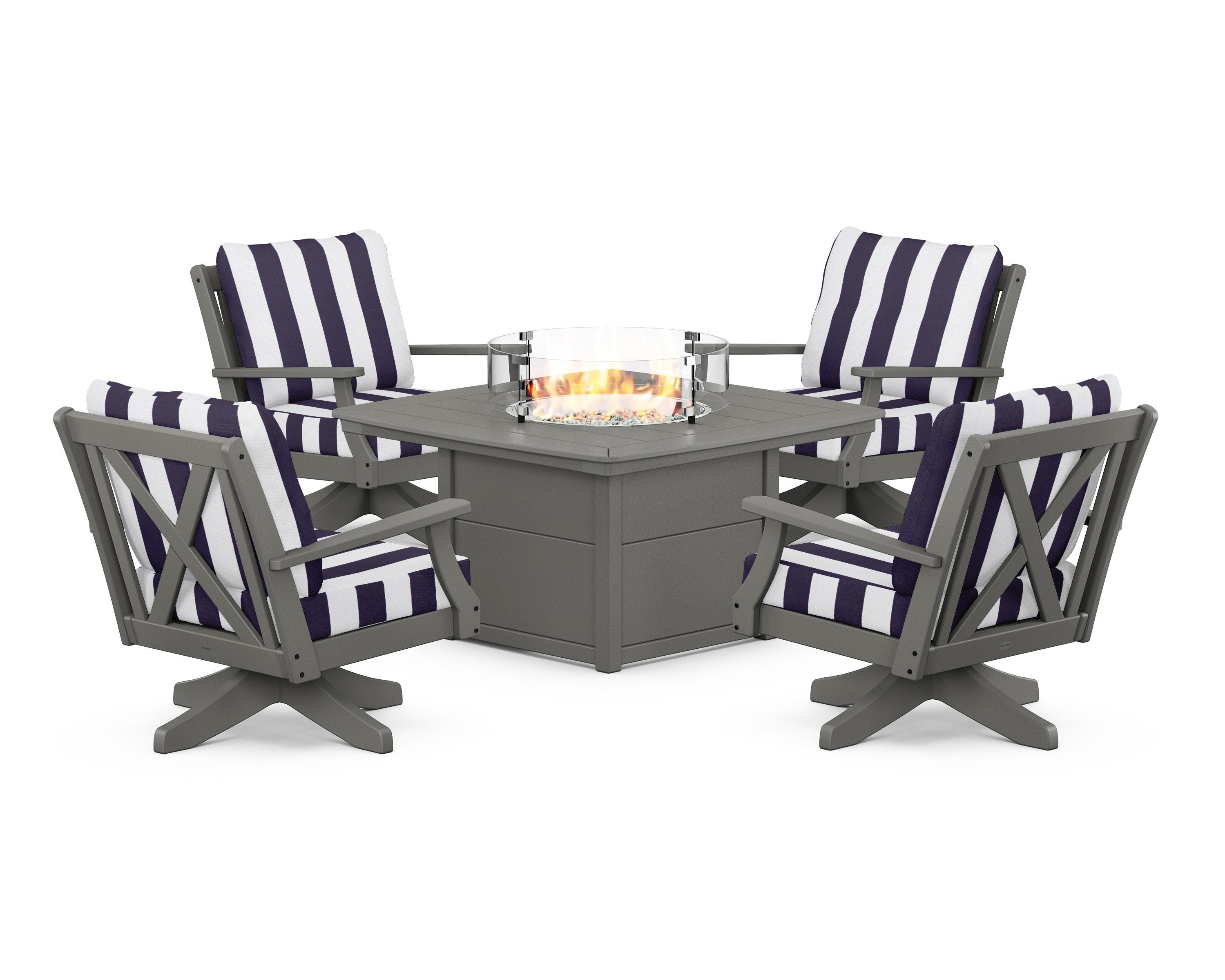 POLYWOOD® Braxton 5-Piece Deep Seating Swivel Conversation Set with Fire Pit Table in Slate Grey / Cabana Stripe Navy