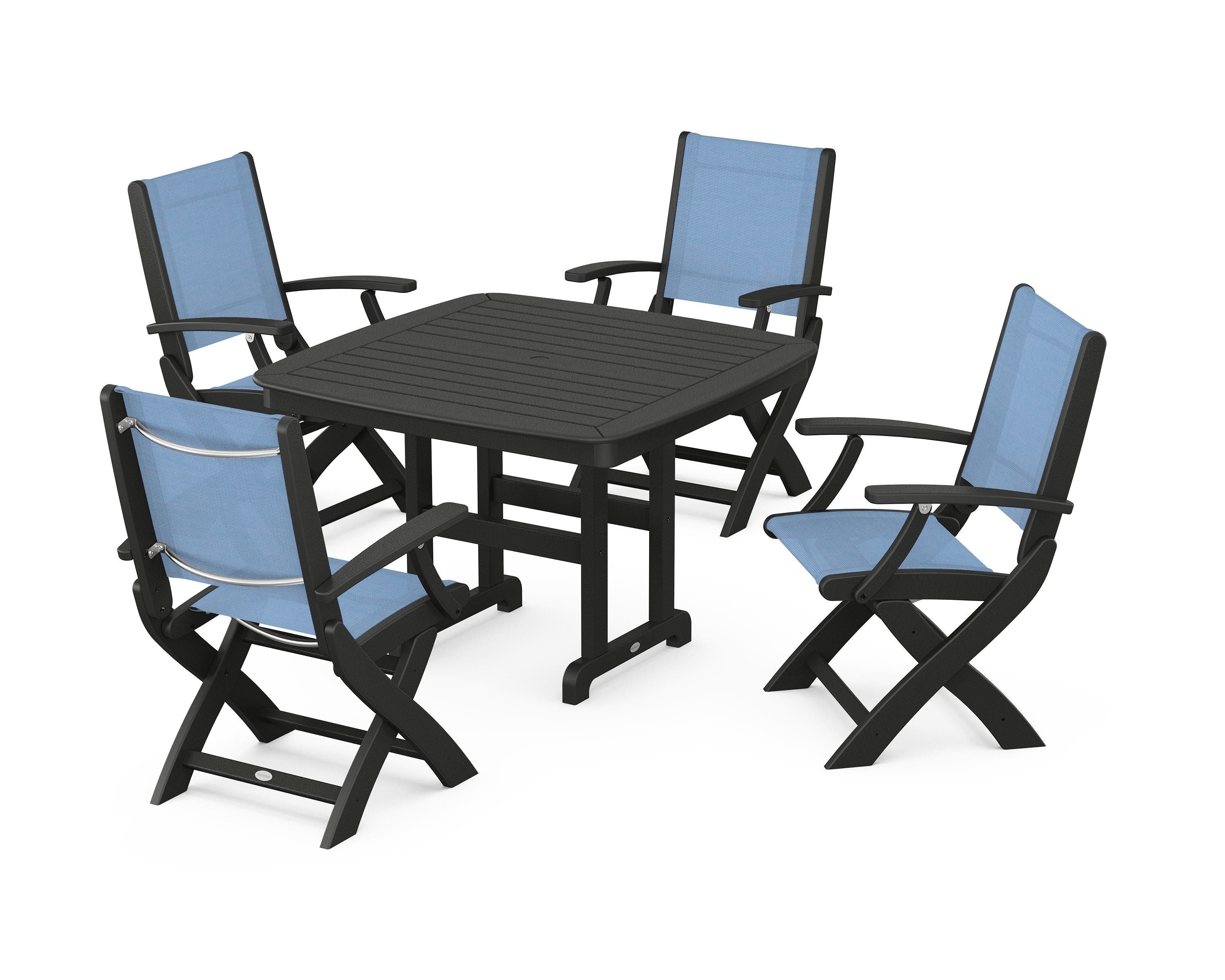 POLYWOOD® Coastal Folding Chair 5-Piece Dining Set in Black / Poolside Sling