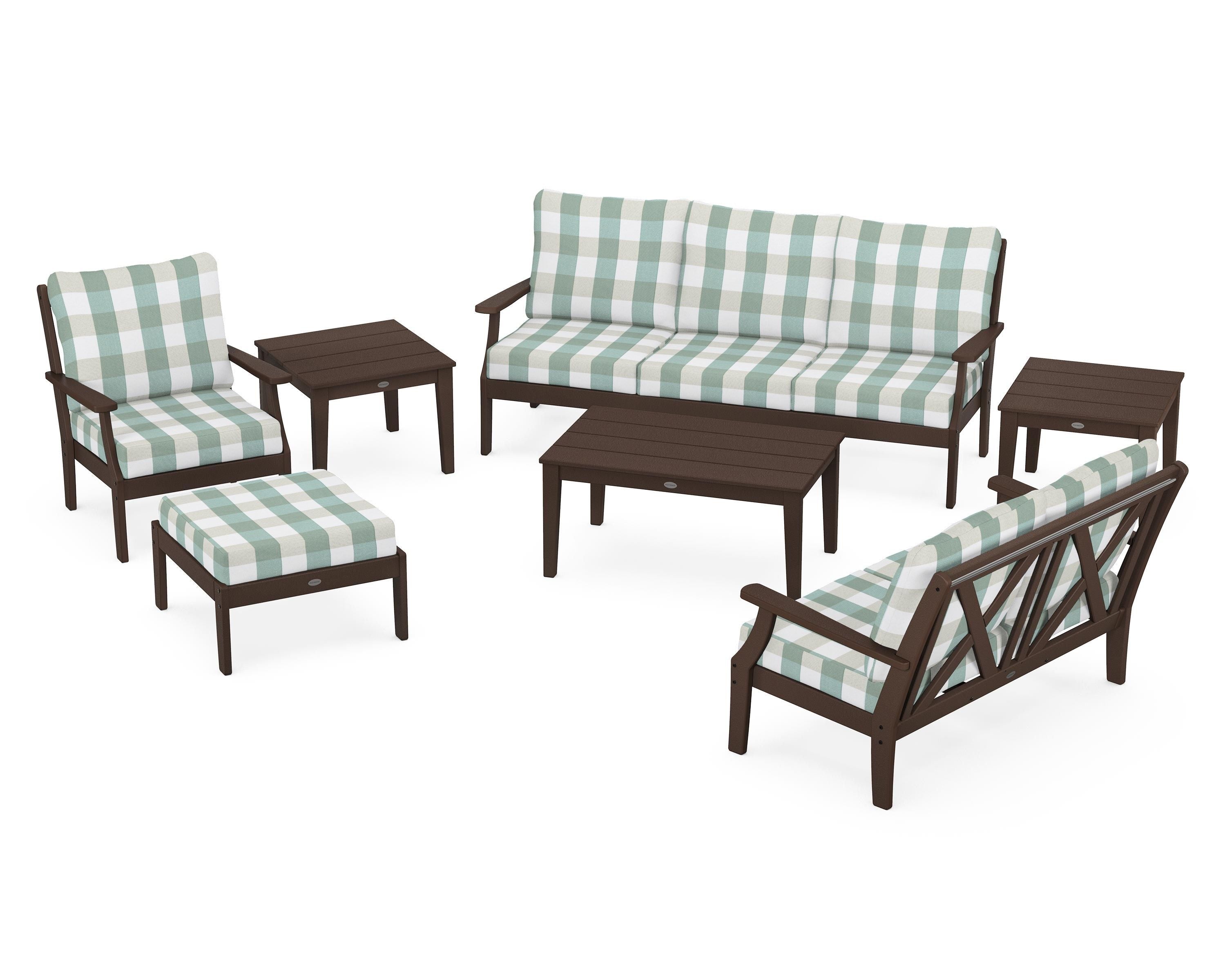 POLYWOOD® Braxton 7-Piece Deep Seating Set in Mahogany / Buffalo Plaid Glacier Spa
