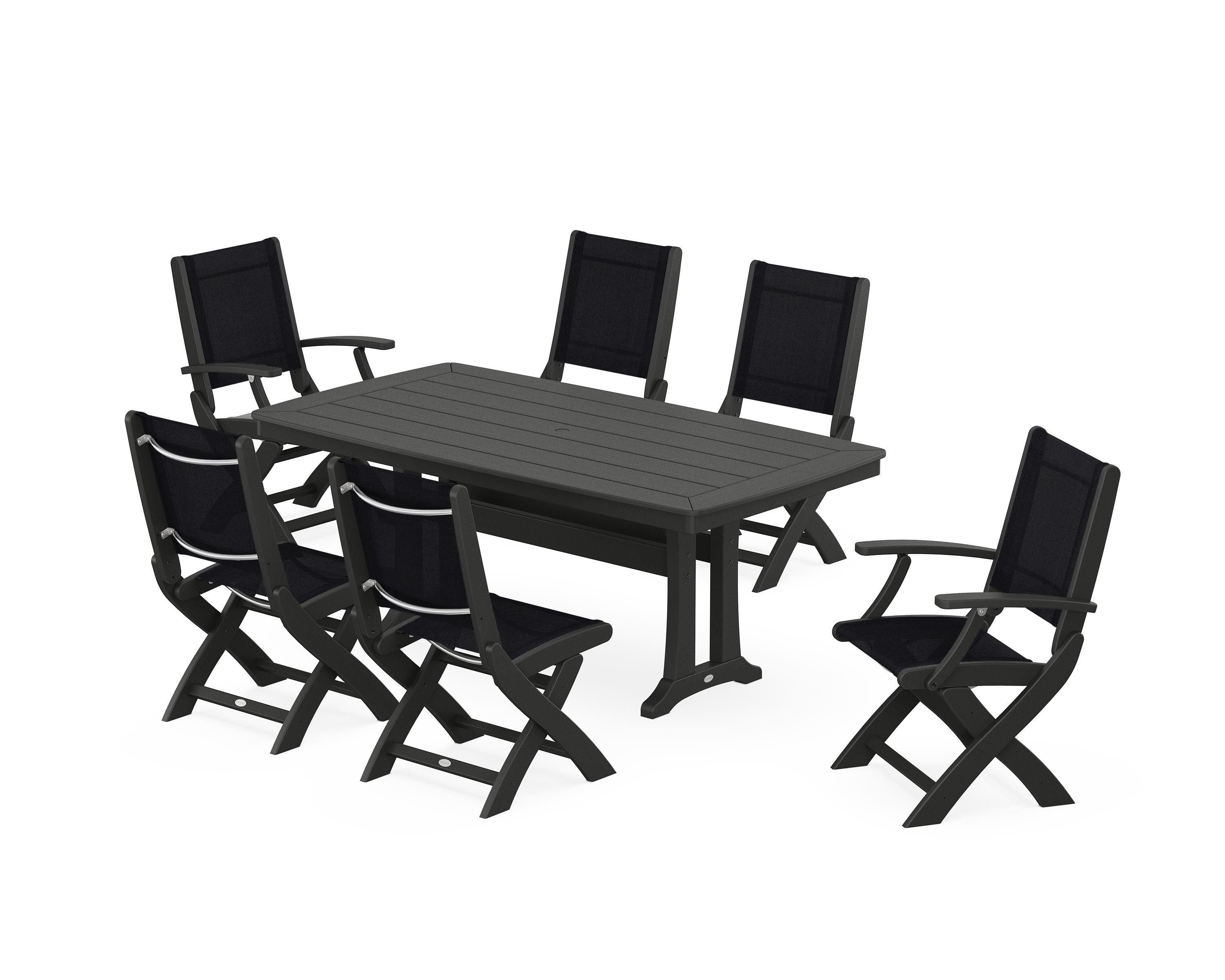 POLYWOOD® Coastal Folding Chair 7-Piece Dining Set with Trestle Legs in Black / Black Sling