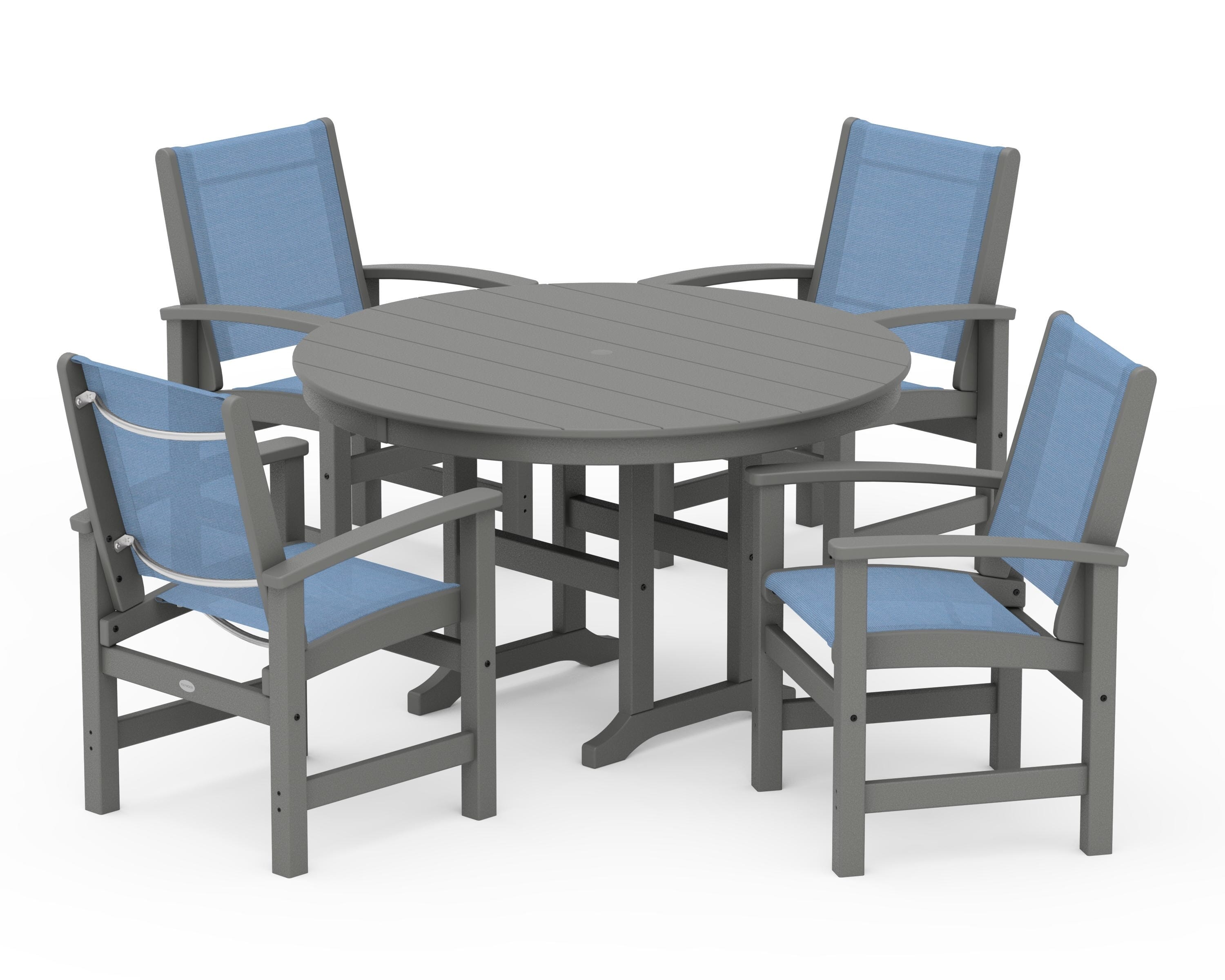 POLYWOOD® Coastal 5-Piece Round Farmhouse Dining Set in Slate Grey / Poolside Sling