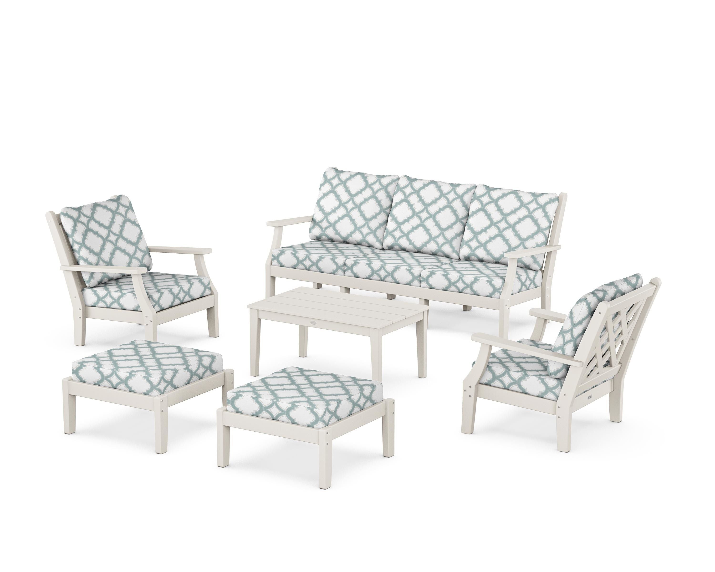Country Living Wovendale 6-Piece Lounge Sofa Set in Sand / Trellis Glacier Spa