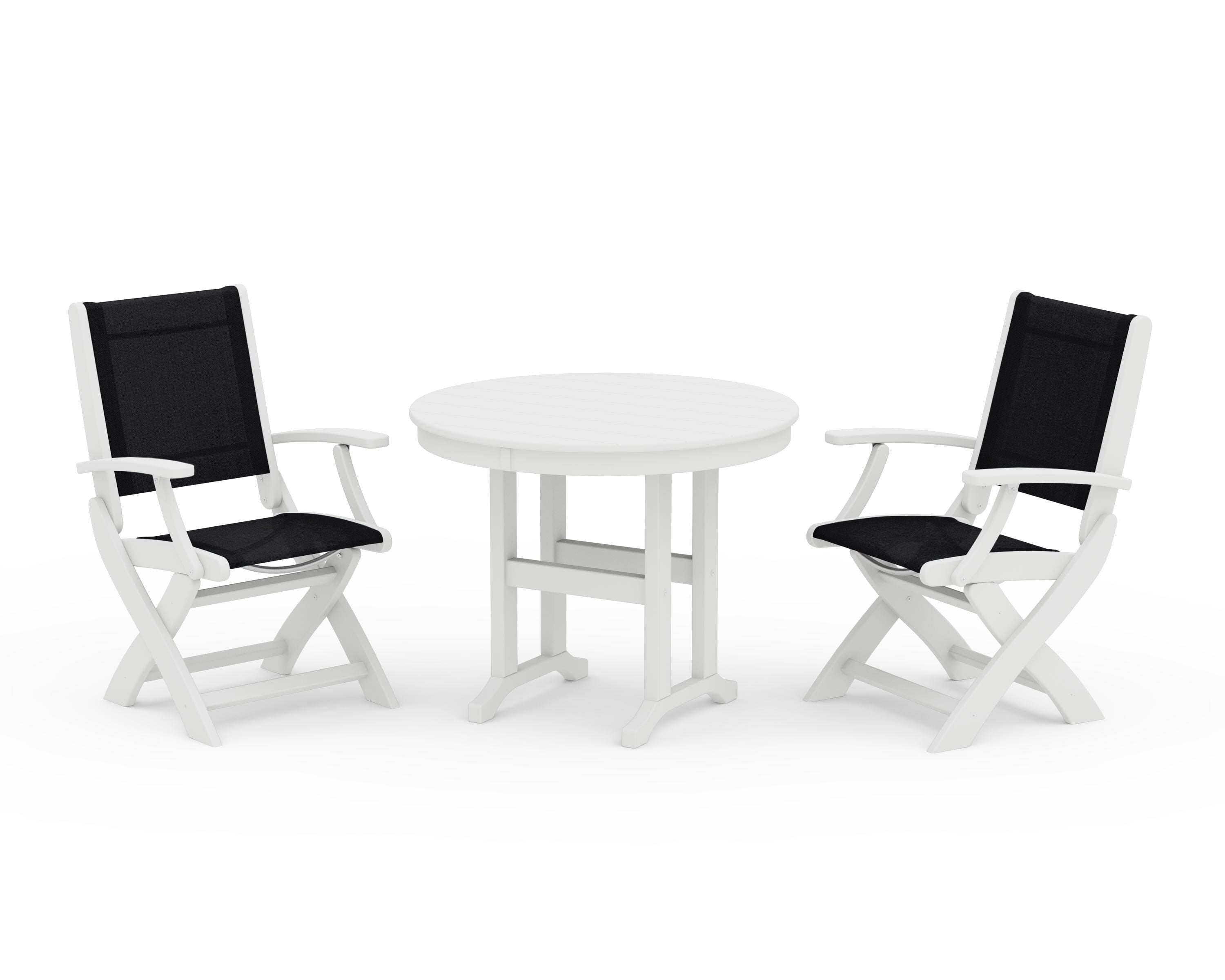 POLYWOOD® Coastal Folding Chair 3-Piece Round Dining Set in White / Black Sling