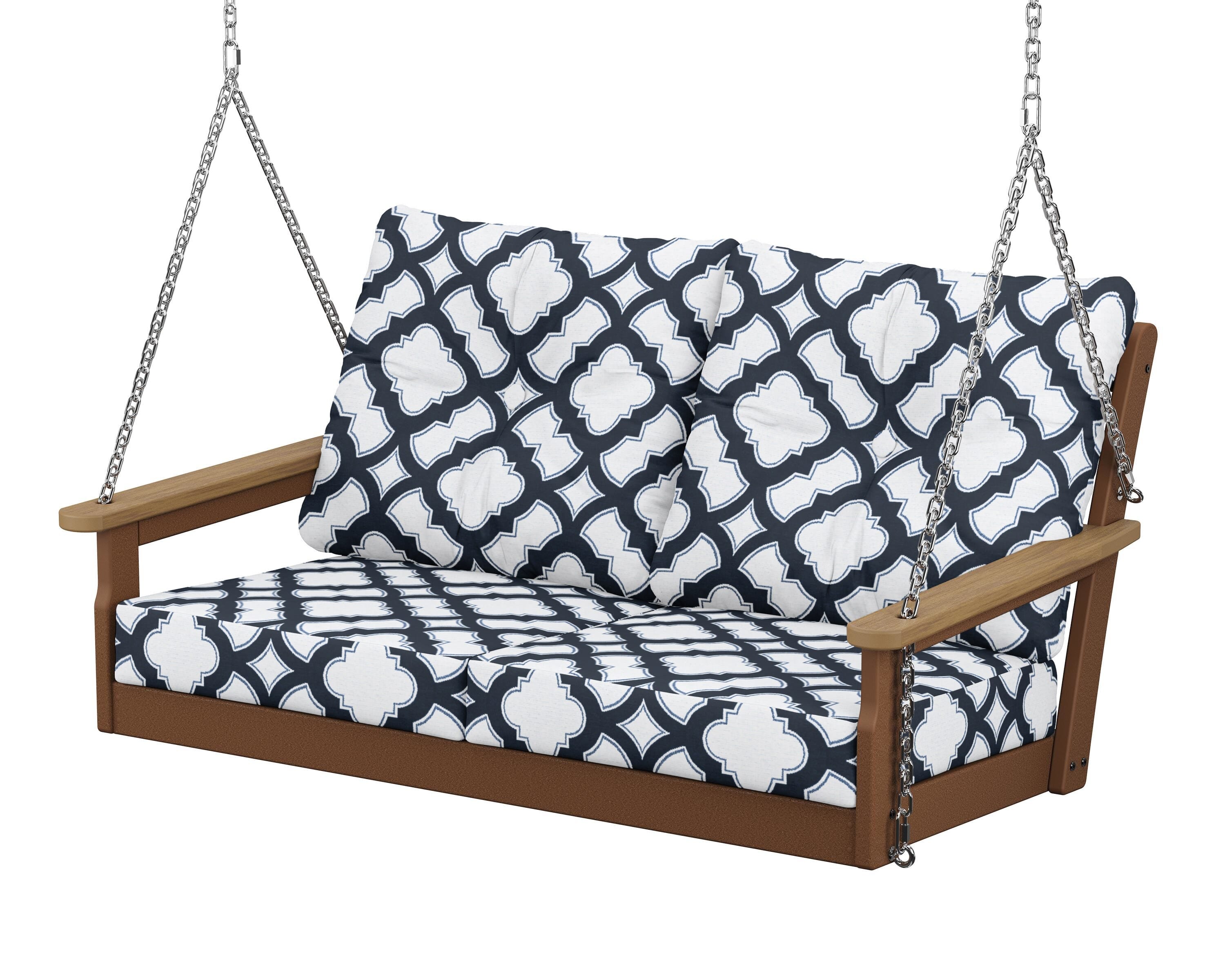POLYWOOD® Vineyard Deep Seating Swing in Teak / Natural / Trellis Marine Indigo