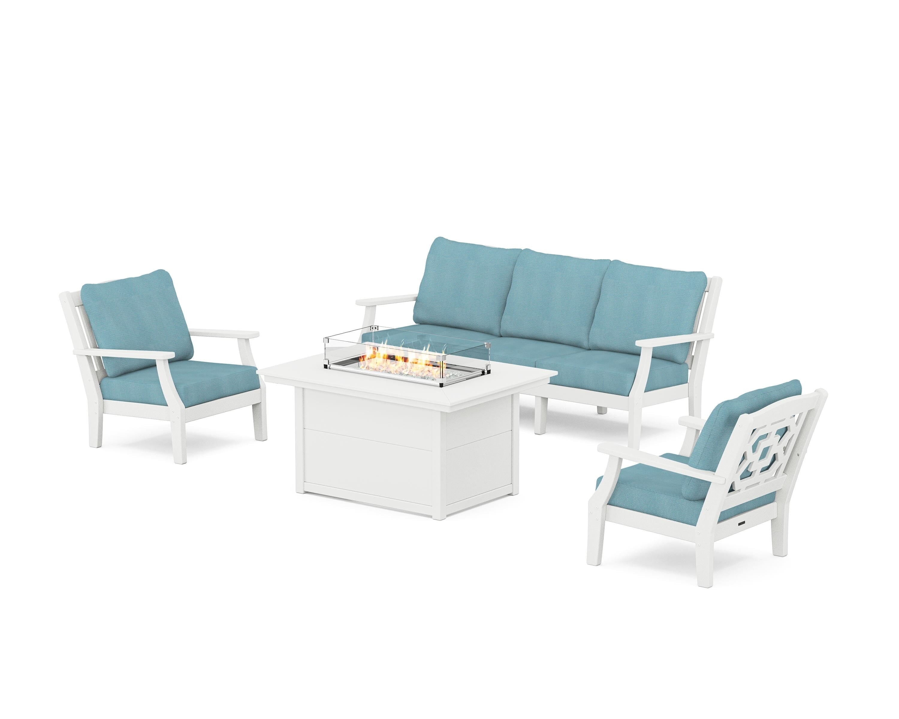 Martha Stewart by POLYWOOD® Chinoiserie Deep Seating Fire Pit Table Set in White / Lattice Sky Blue
