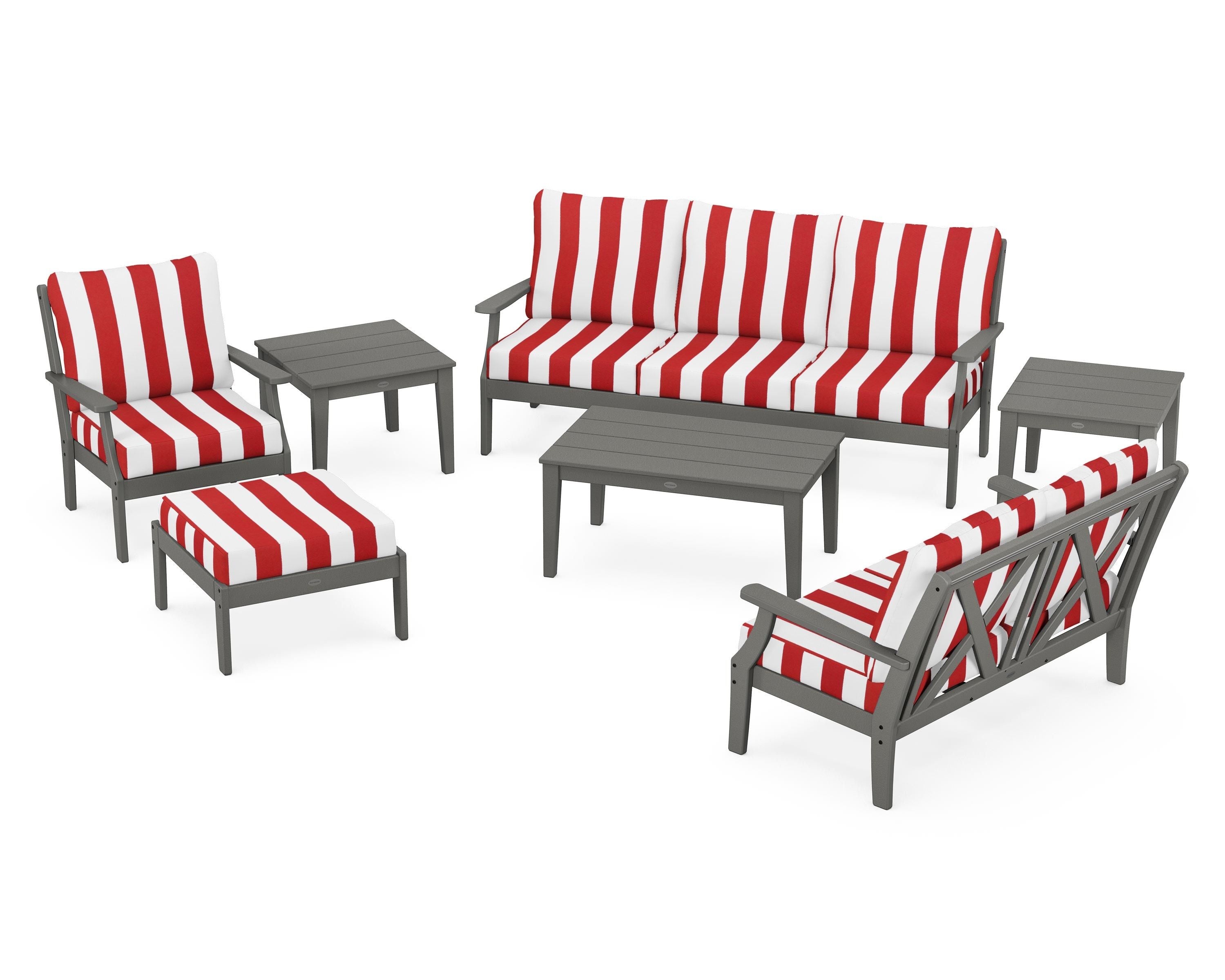 POLYWOOD® Braxton 7-Piece Deep Seating Set in Slate Grey / Cabana Stripe Crimson