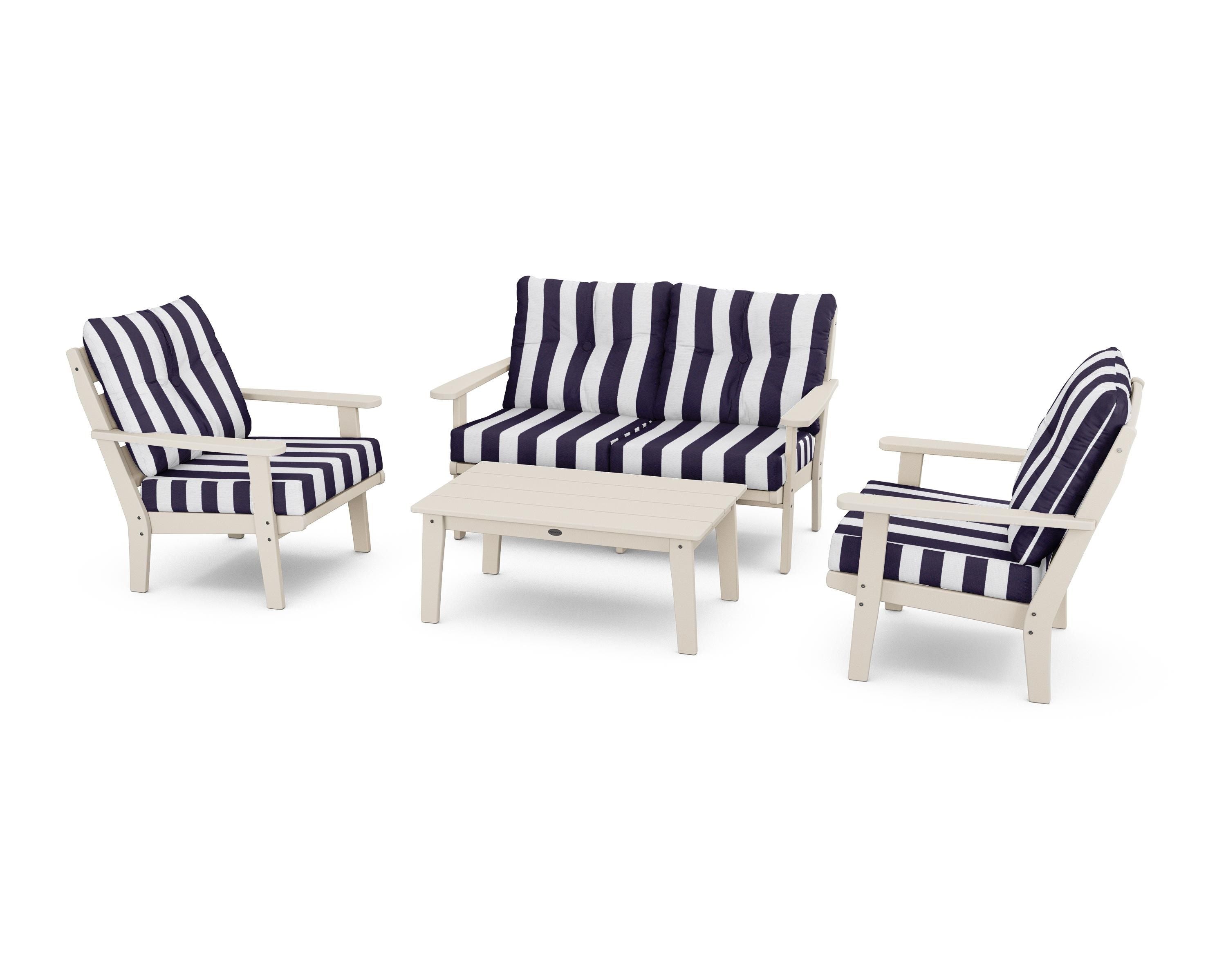 POLYWOOD® Lakeside 4-Piece Deep Seating Set in Sand / Cabana Stripe Navy