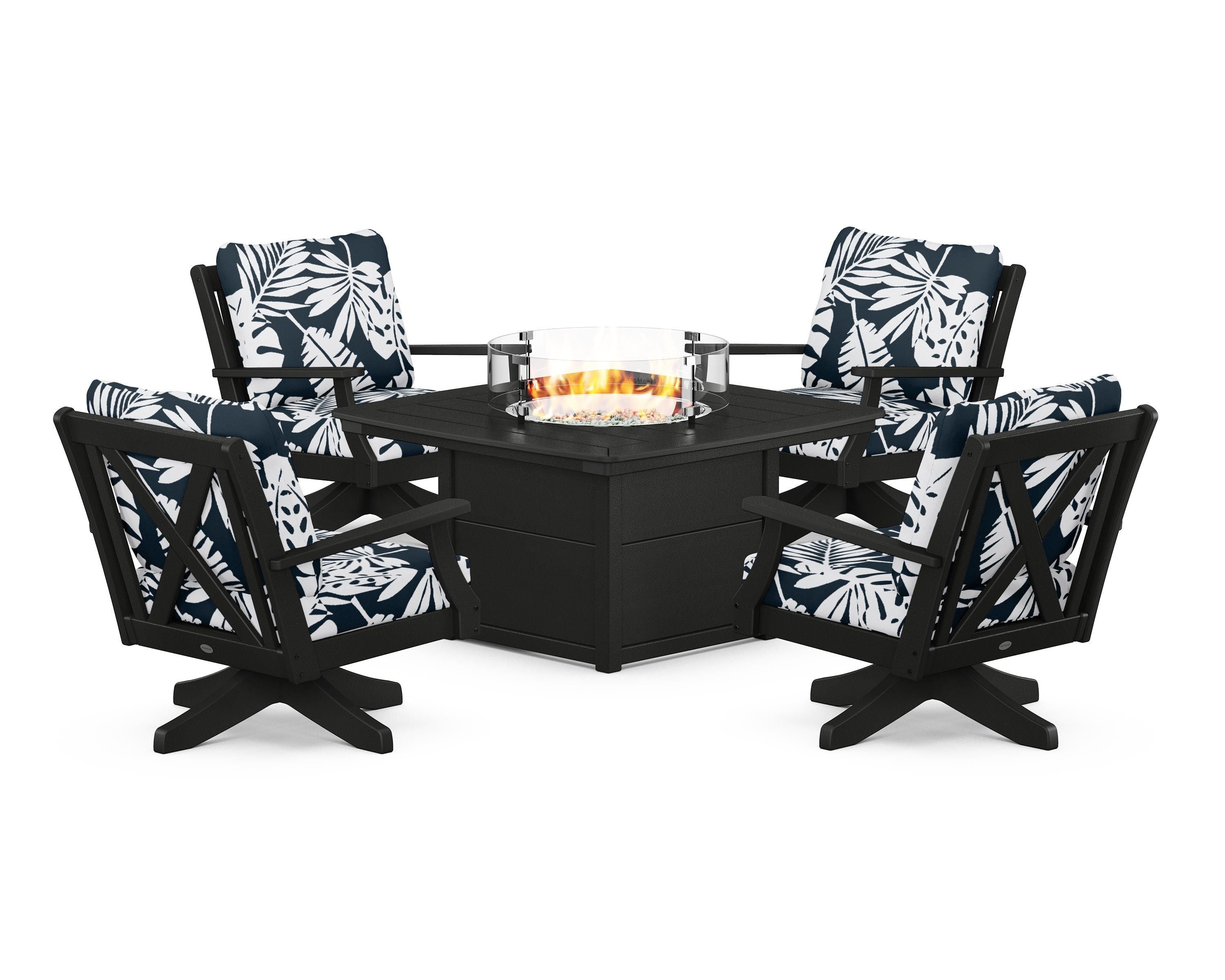 POLYWOOD® Braxton 5-Piece Deep Seating Swivel Conversation Set with Fire Pit Table in Black / Leaf Marine Indigo