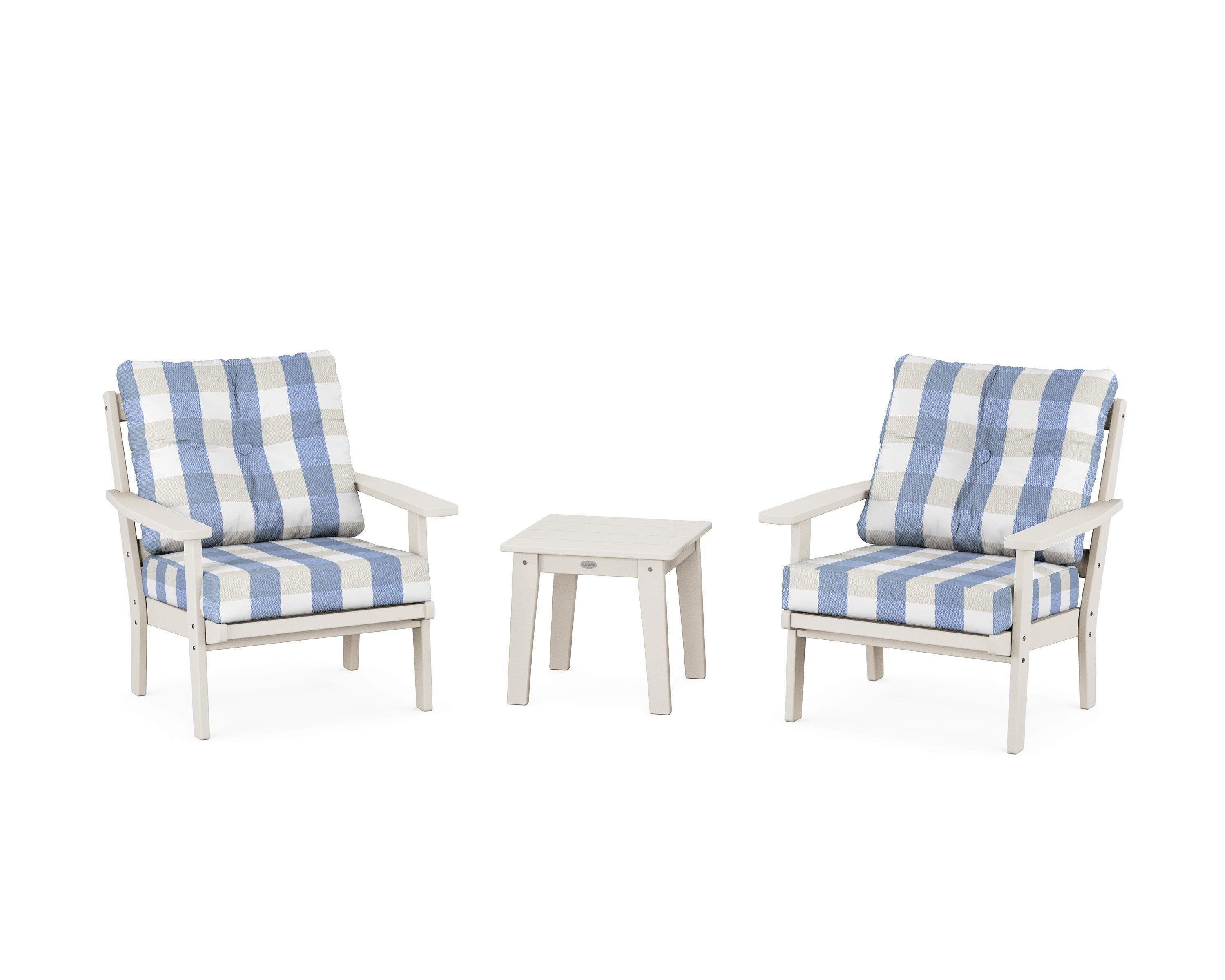 POLYWOOD® Prairie 3-Piece Deep Seating Set in Sand / Buffalo Plaid Sky Blue