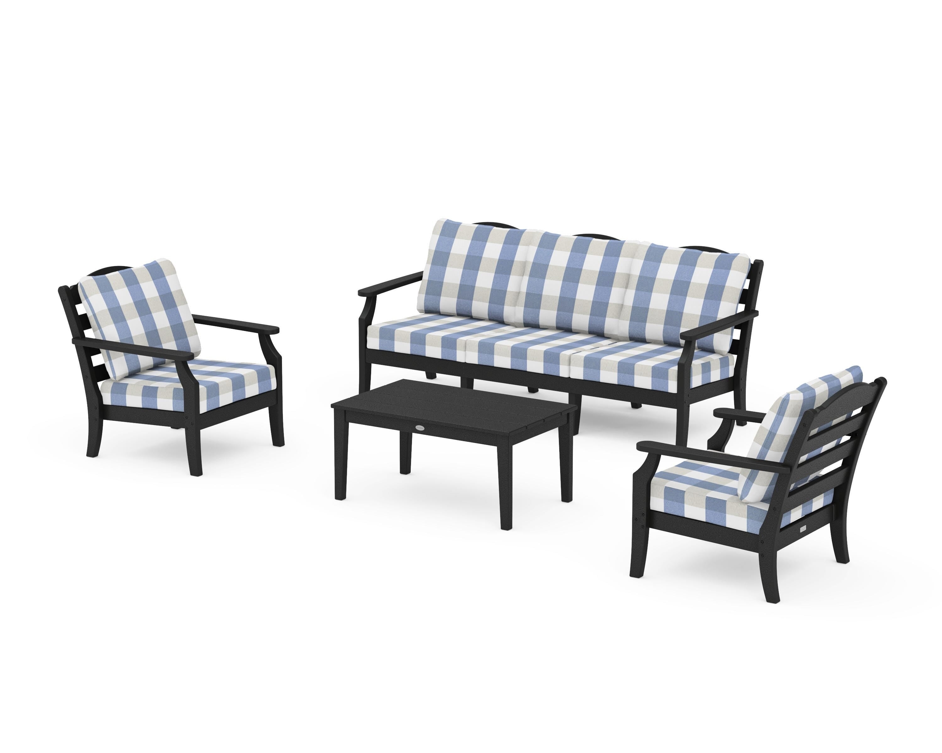 Draper James™ by POLYWOOD® Savannah 4-Piece Deep Seating Set with Sofa in Black / Buffalo Plaid Sky Blue