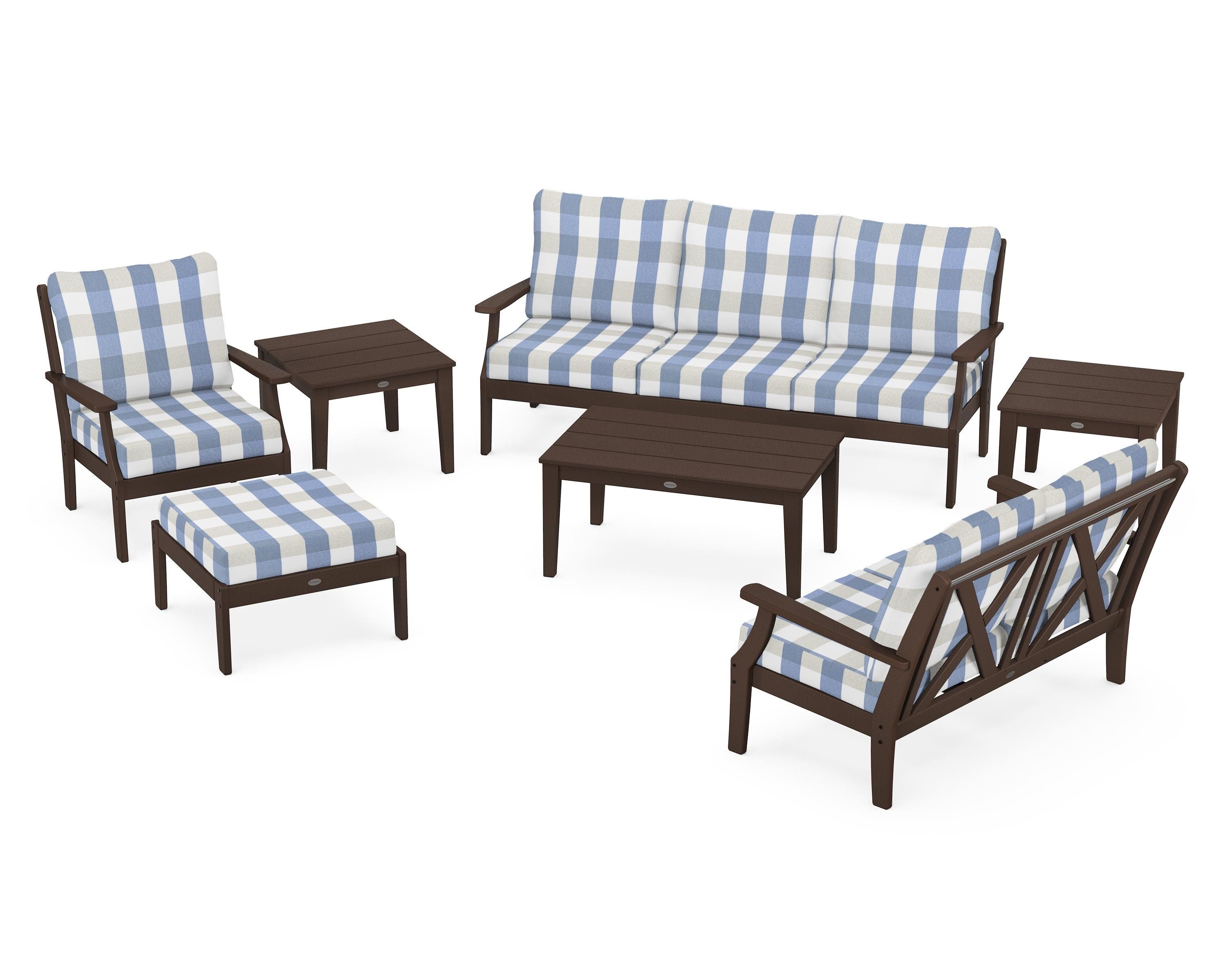 POLYWOOD® Braxton 7-Piece Deep Seating Set in Mahogany / Buffalo Plaid Sky Blue