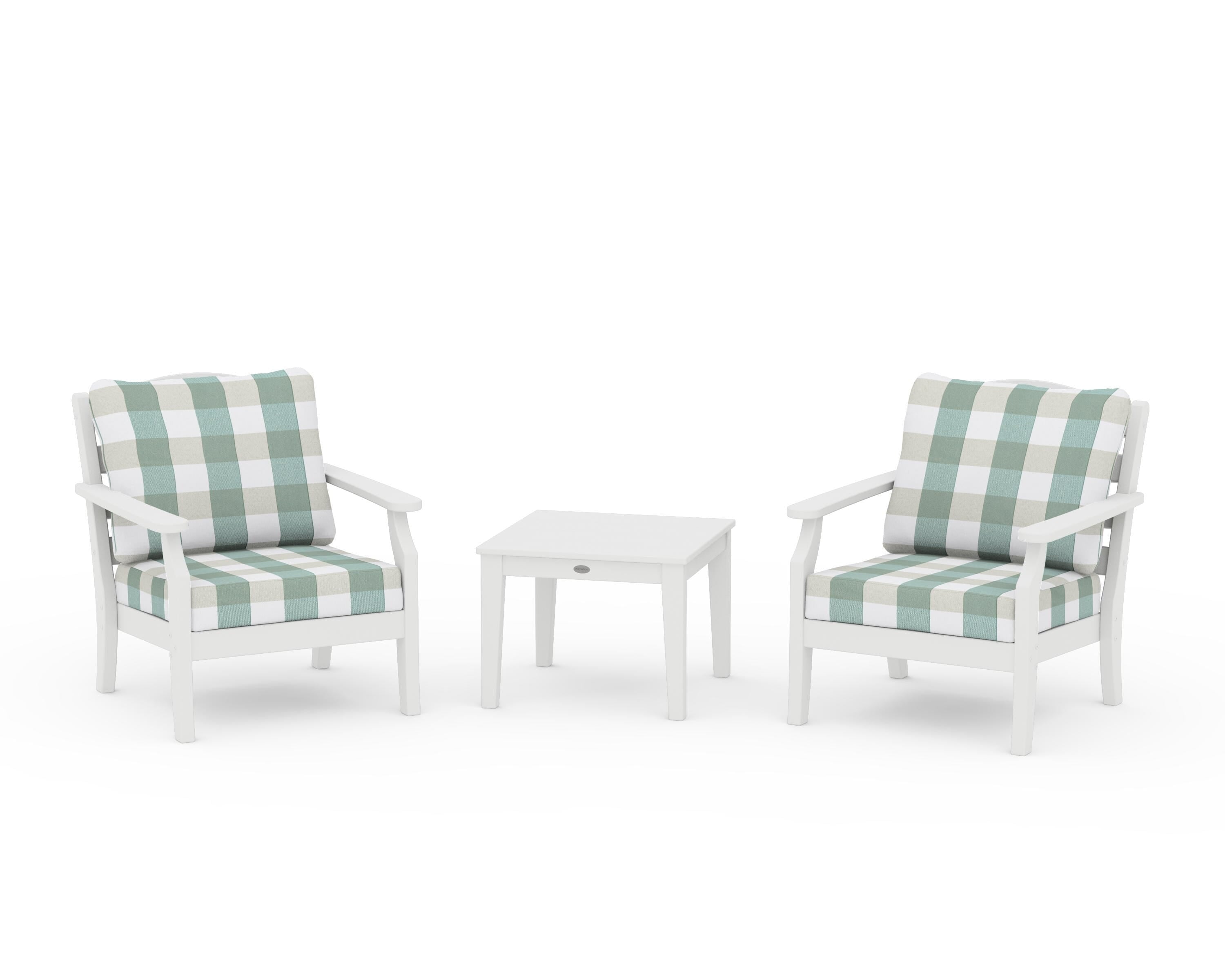 Draper James™ by POLYWOOD® Savannah 3-Piece Deep Seating Set in White / Buffalo Plaid Glacier Spa