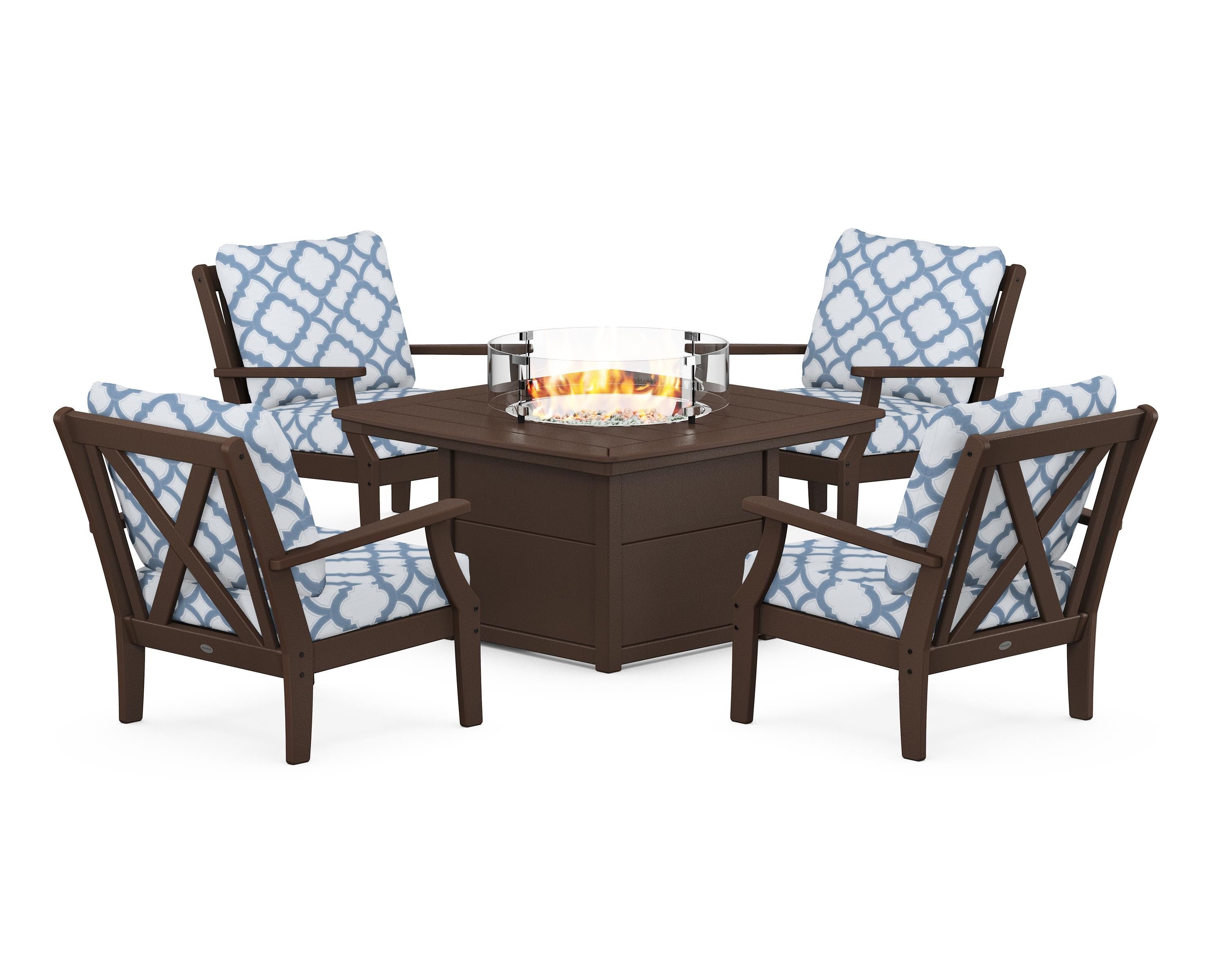 POLYWOOD® Braxton 5-Piece Deep Seating Conversation Set with Fire Pit Table in Mahogany / Trellis Sky Blue