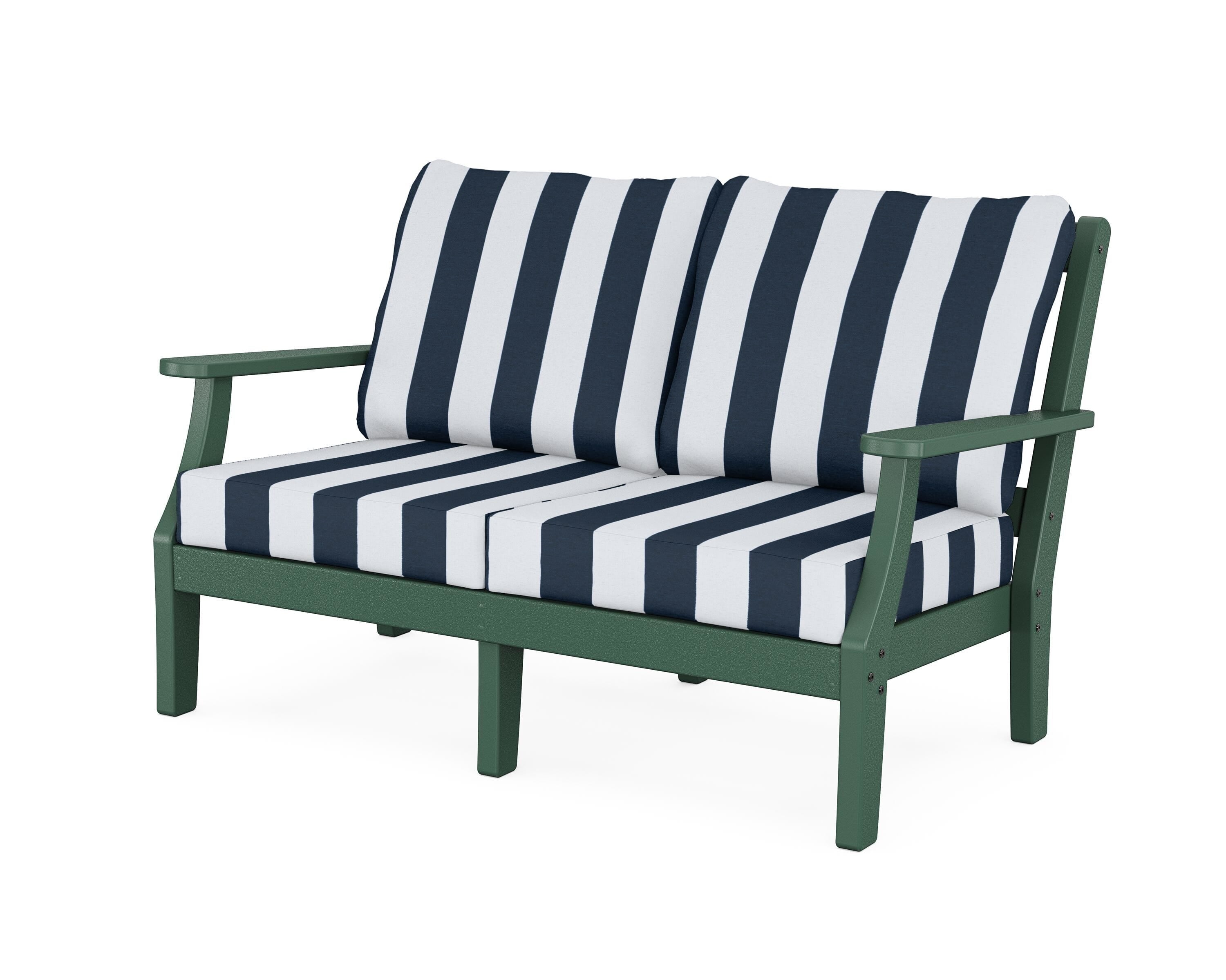 Martha Stewart by POLYWOOD® Chinoiserie Deep Seating Loveseat in Green / Cabana Stripe Marine Indigo