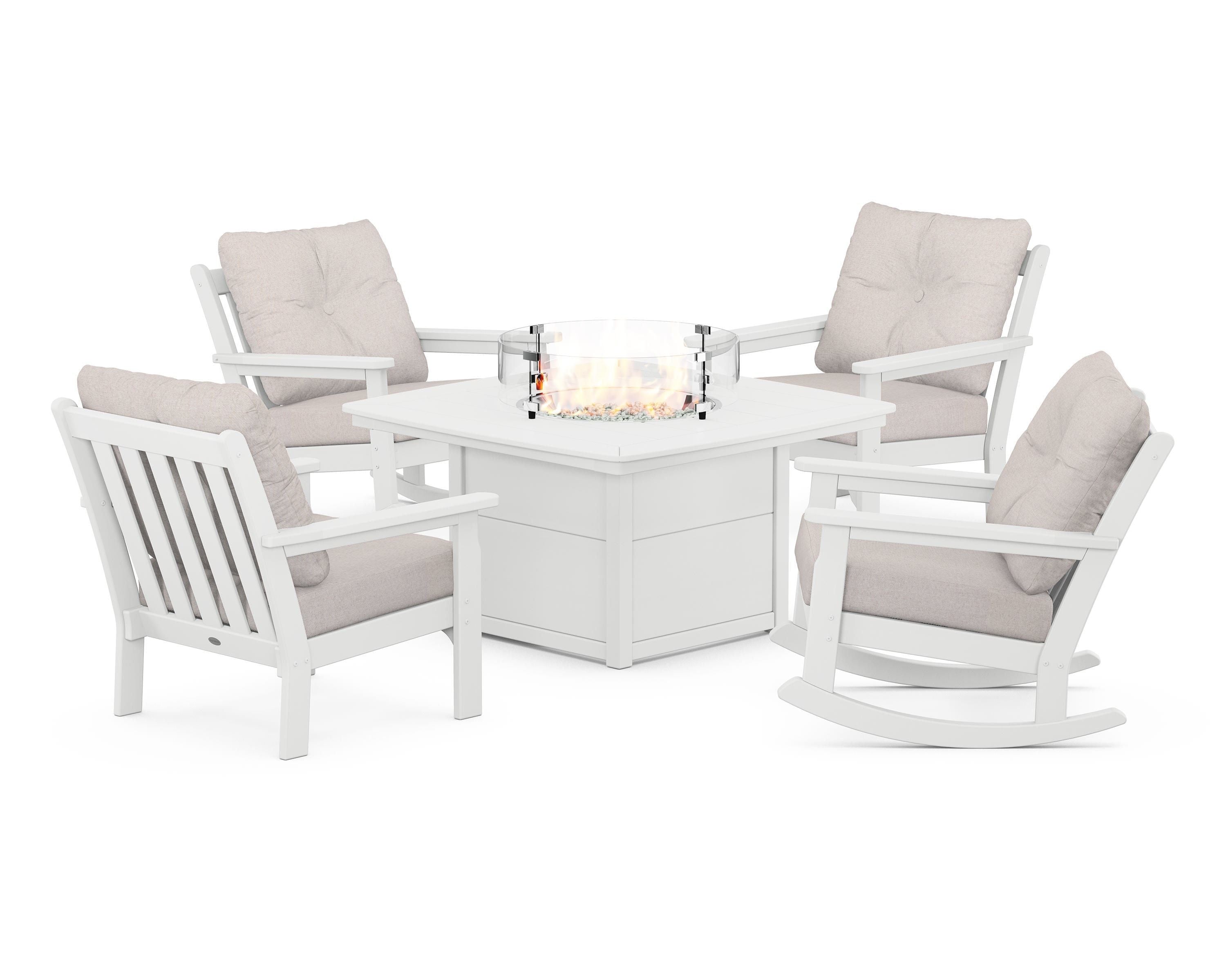 POLYWOOD® Vineyard 5-Piece Deep Seating Rocking Chair Conversation Set with Fire Pit Table in White / Dune Burlap