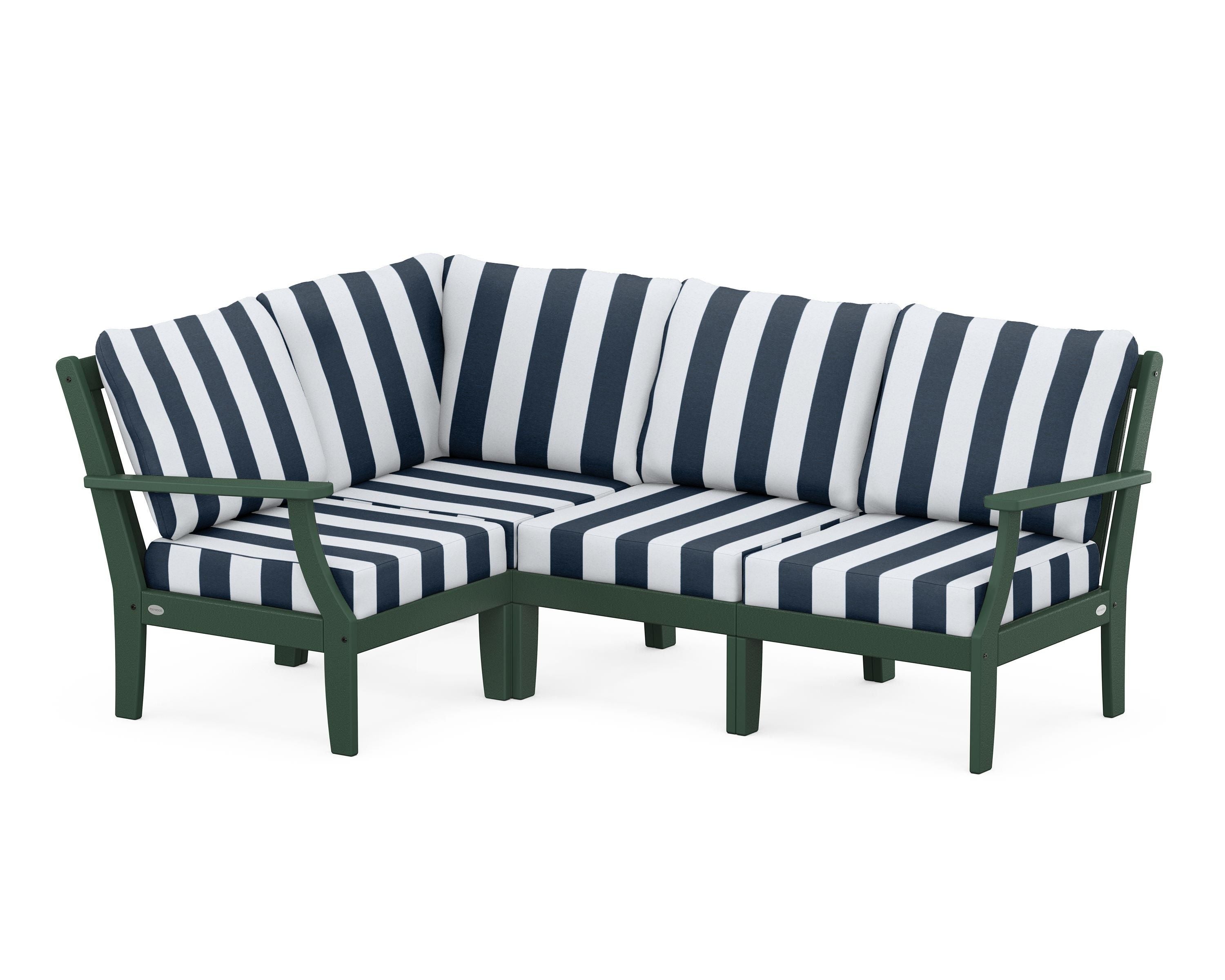 POLYWOOD® Braxton Modular 4-Piece Deep Seating Set in Green / Cabana Stripe Marine Indigo