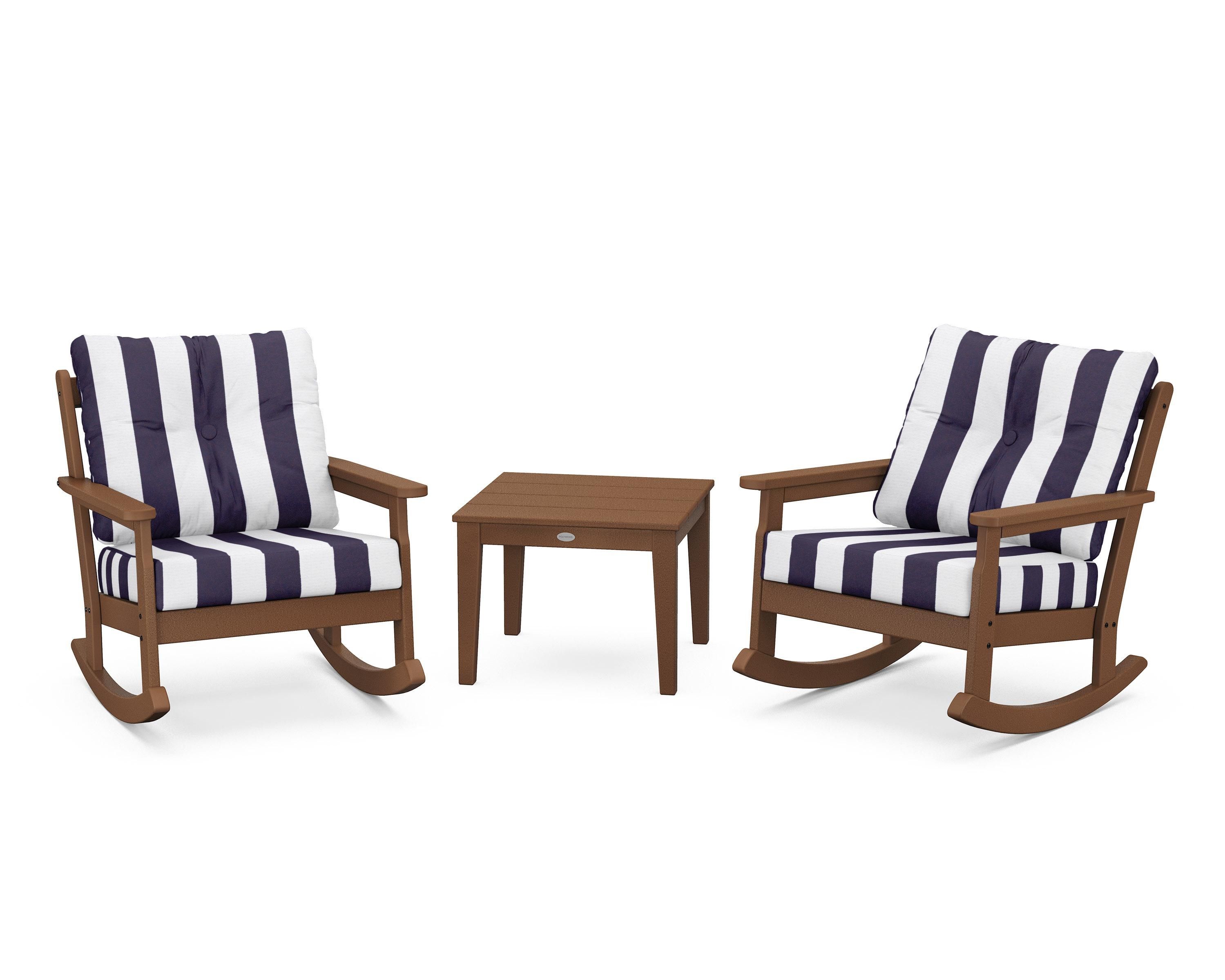 POLYWOOD® Vineyard 3-Piece Deep Seating Rocker Set in Teak / Cabana Stripe Navy
